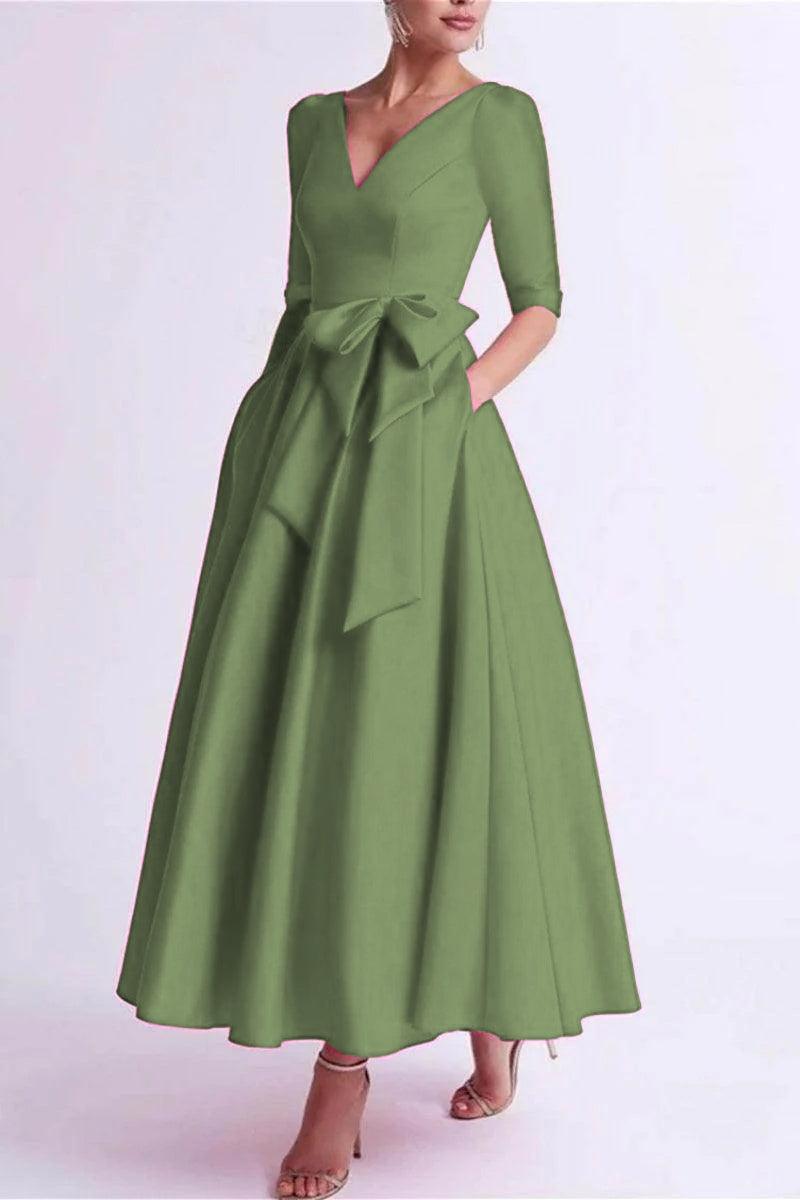 A Line V Neck 3/4 Length Sleeve Tea Length Satin Mother Dresses CM0344