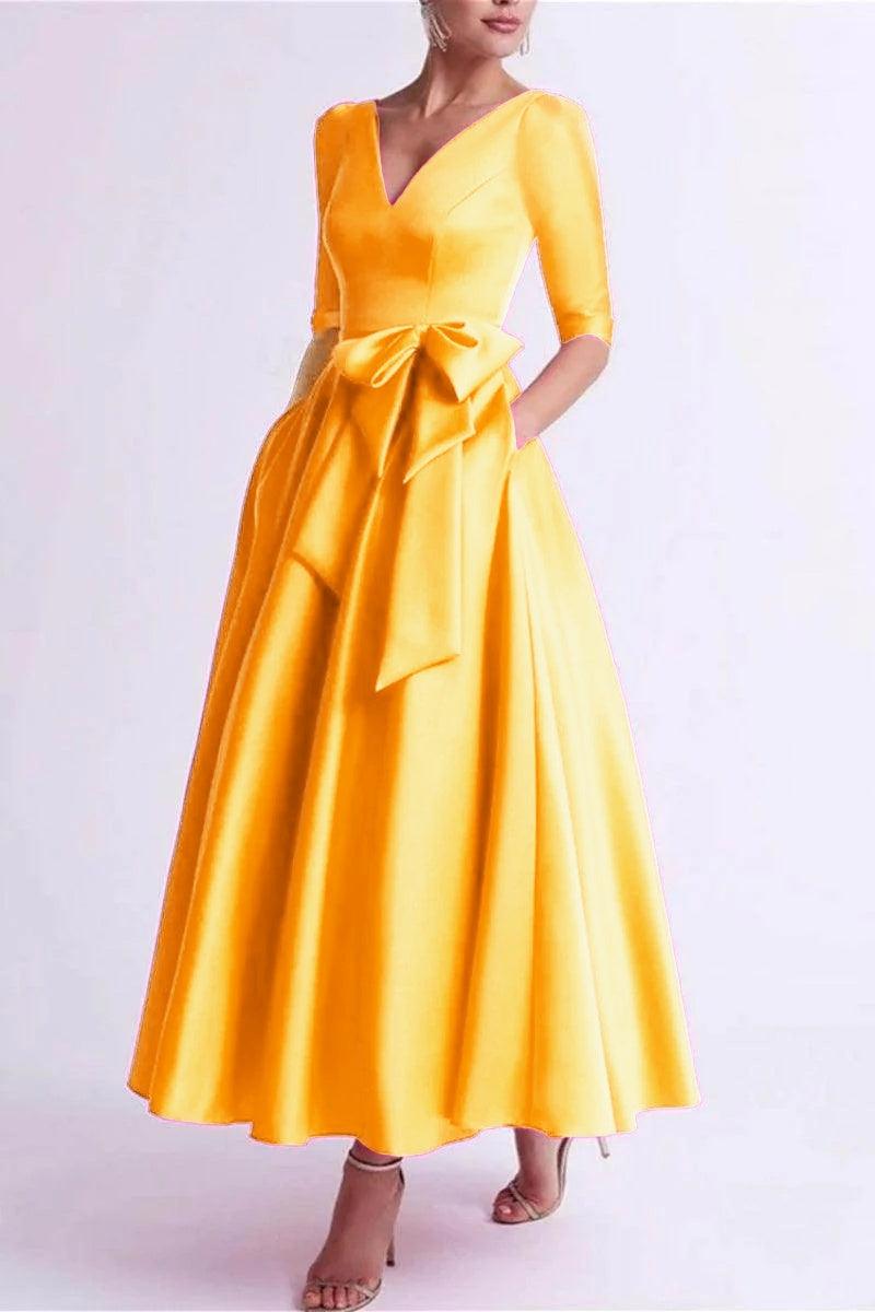 A Line V Neck 3/4 Length Sleeve Tea Length Satin Mother Dresses CM0344