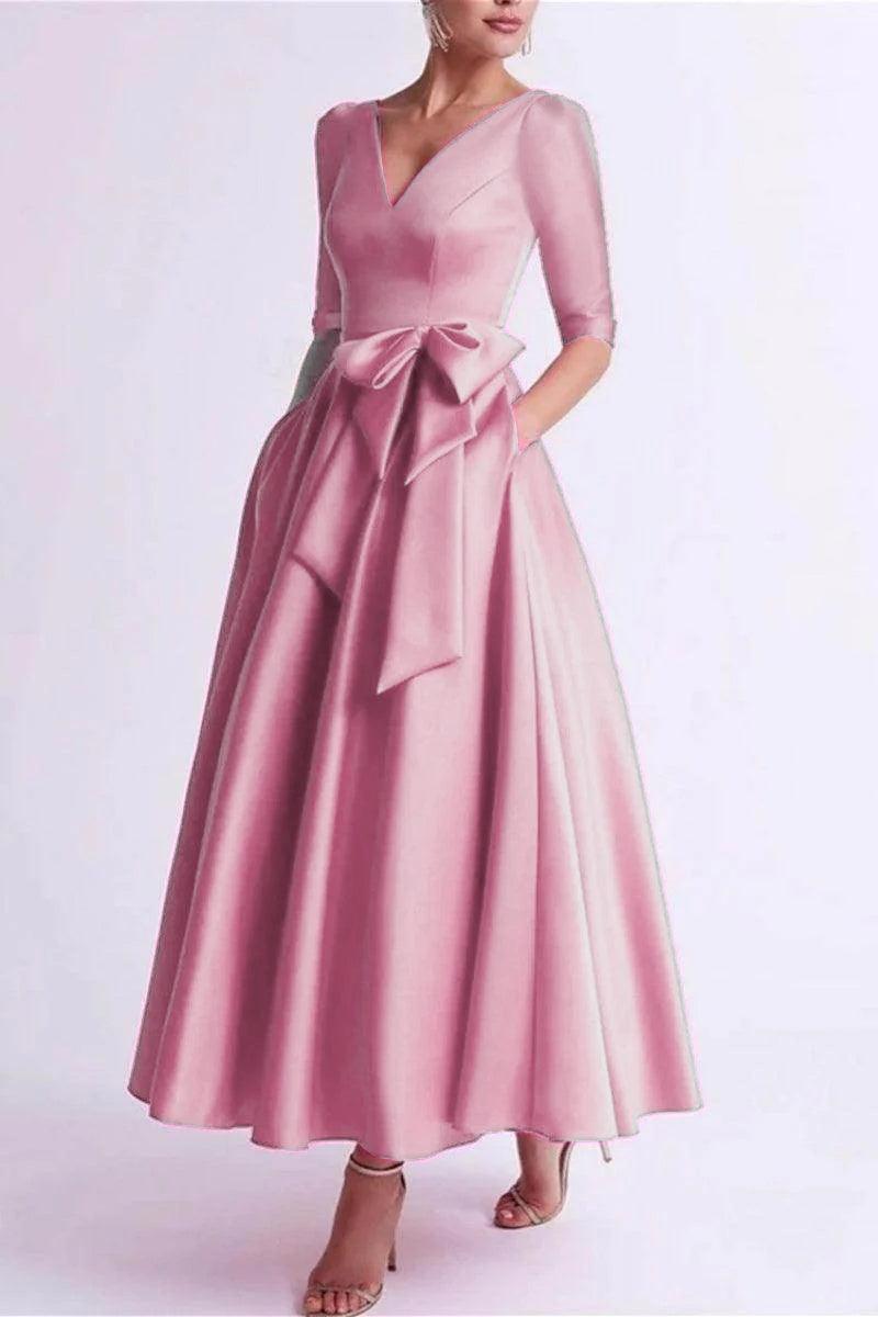 A Line V Neck 3/4 Length Sleeve Tea Length Satin Mother Dresses CM0344