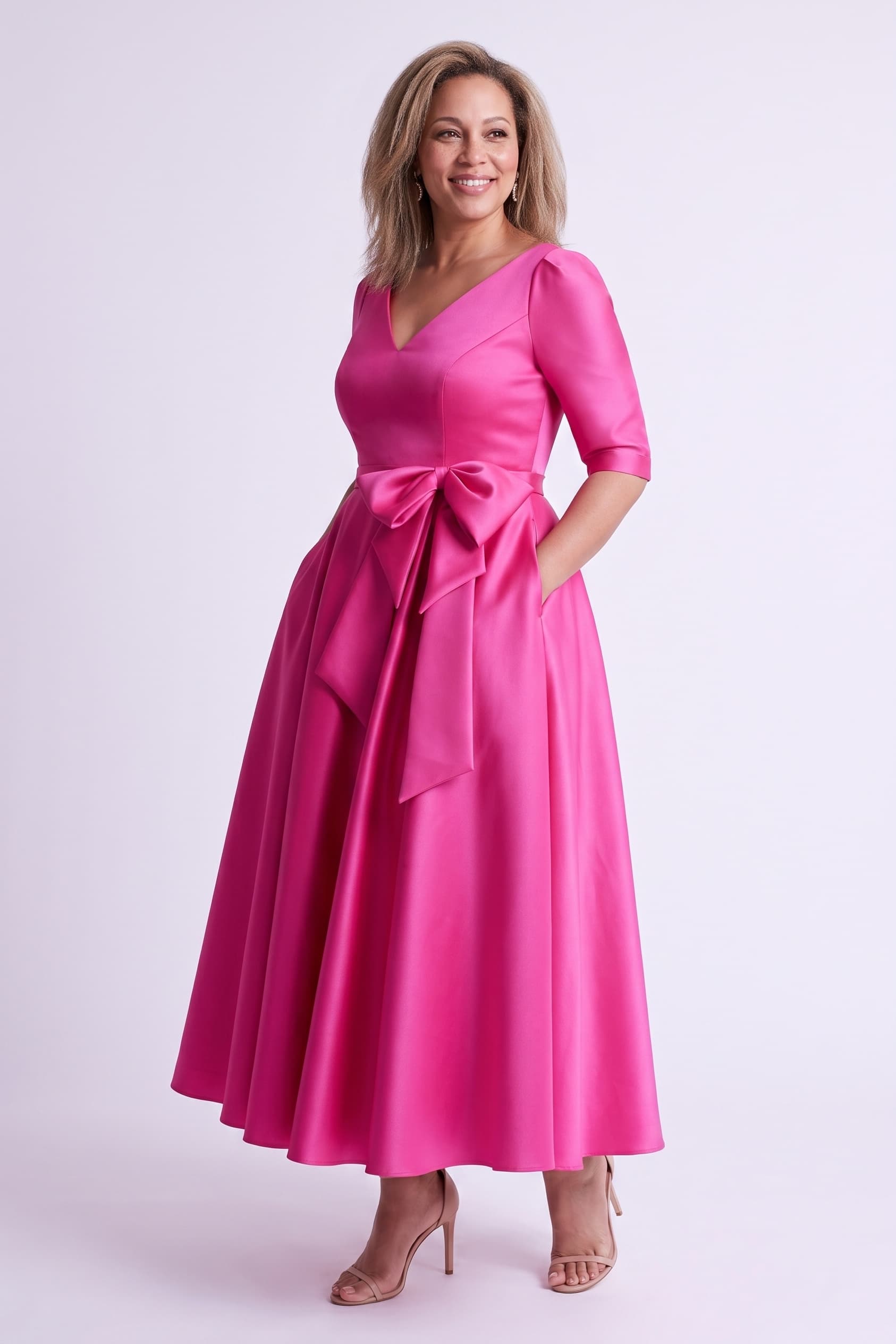 A Line V Neck 3/4 Length Sleeve Tea Length Satin Mother Dresses CM0344