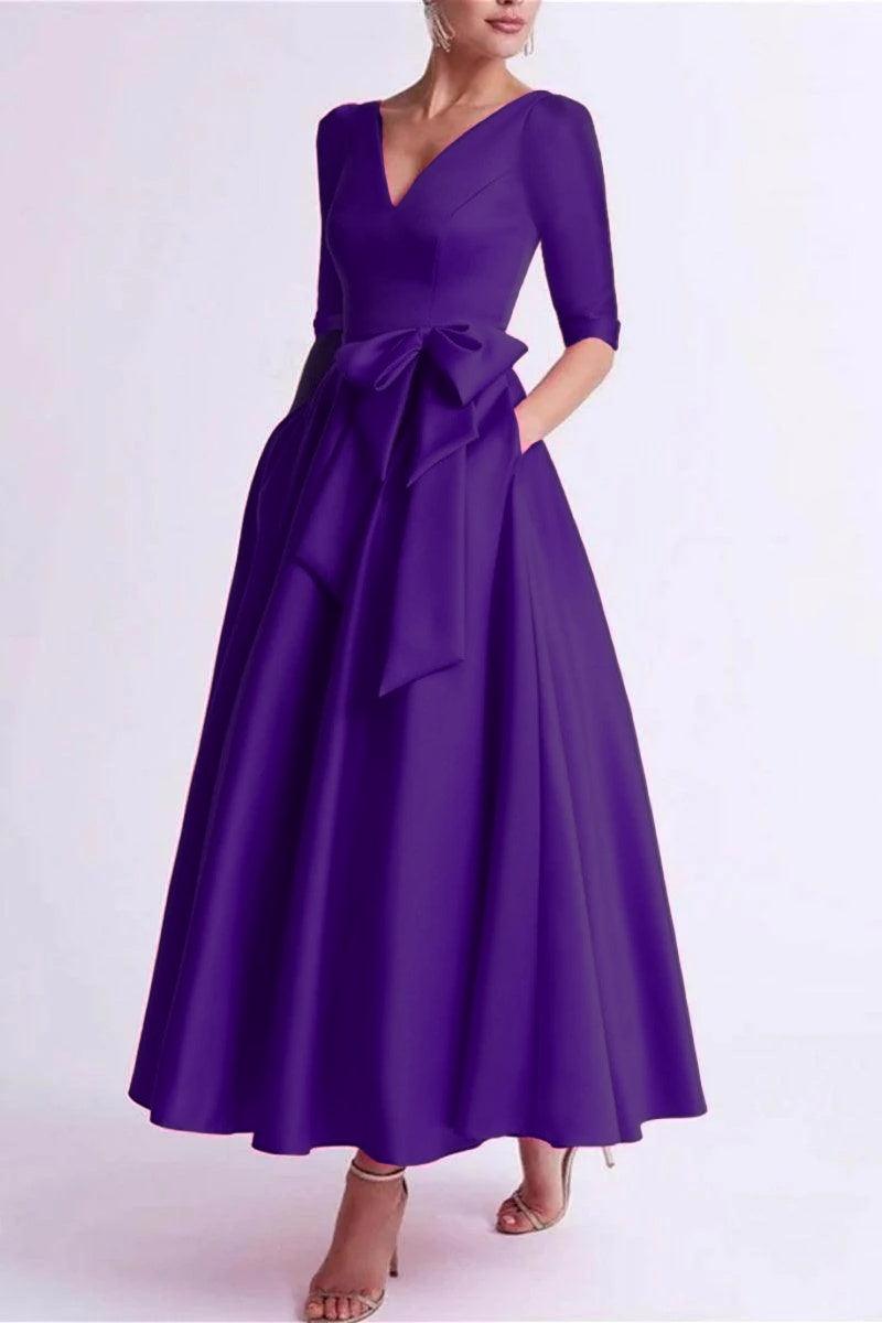 A Line V Neck 3/4 Length Sleeve Tea Length Satin Mother Dresses CM0344