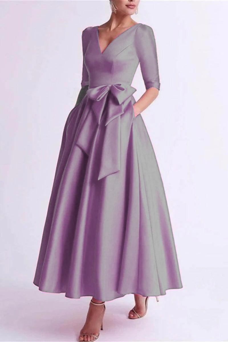 A Line V Neck 3/4 Length Sleeve Tea Length Satin Mother Dresses CM0344