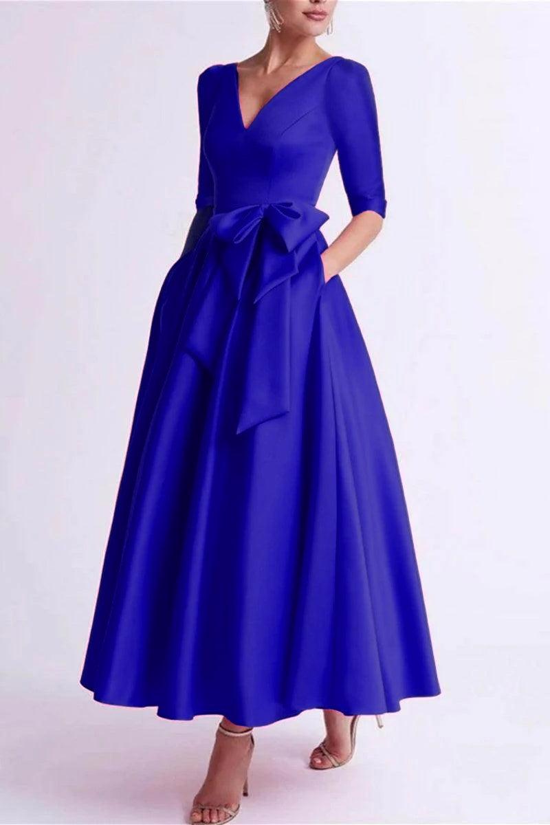 A Line V Neck 3/4 Length Sleeve Tea Length Satin Mother Dresses CM0344