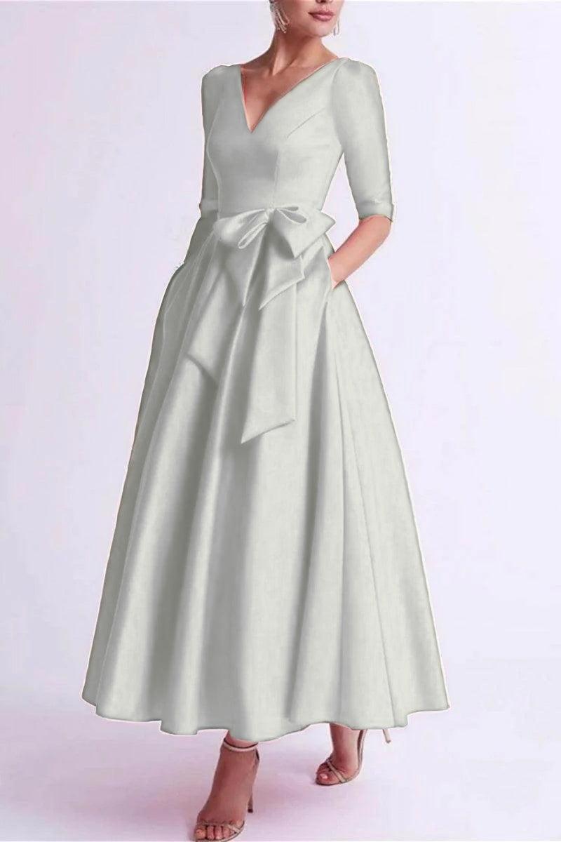 A Line V Neck 3/4 Length Sleeve Tea Length Satin Mother Dresses CM0344