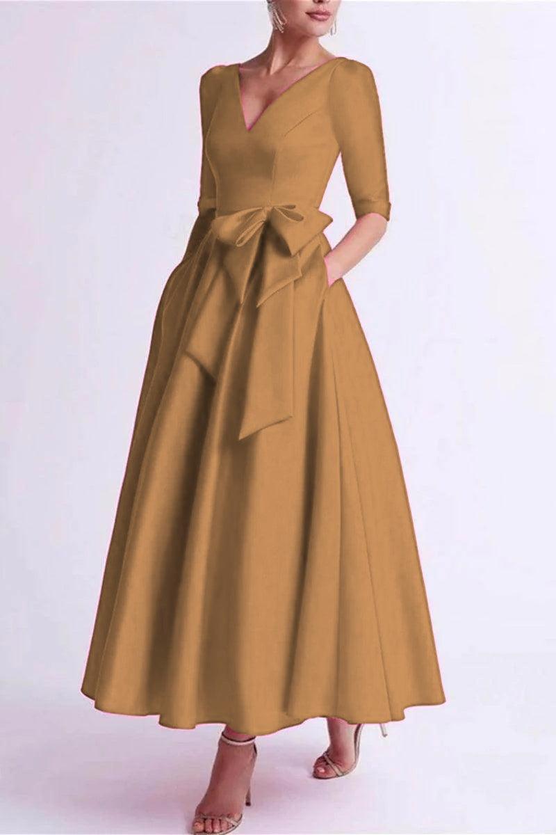 A Line V Neck 3/4 Length Sleeve Tea Length Satin Mother Dresses CM0344