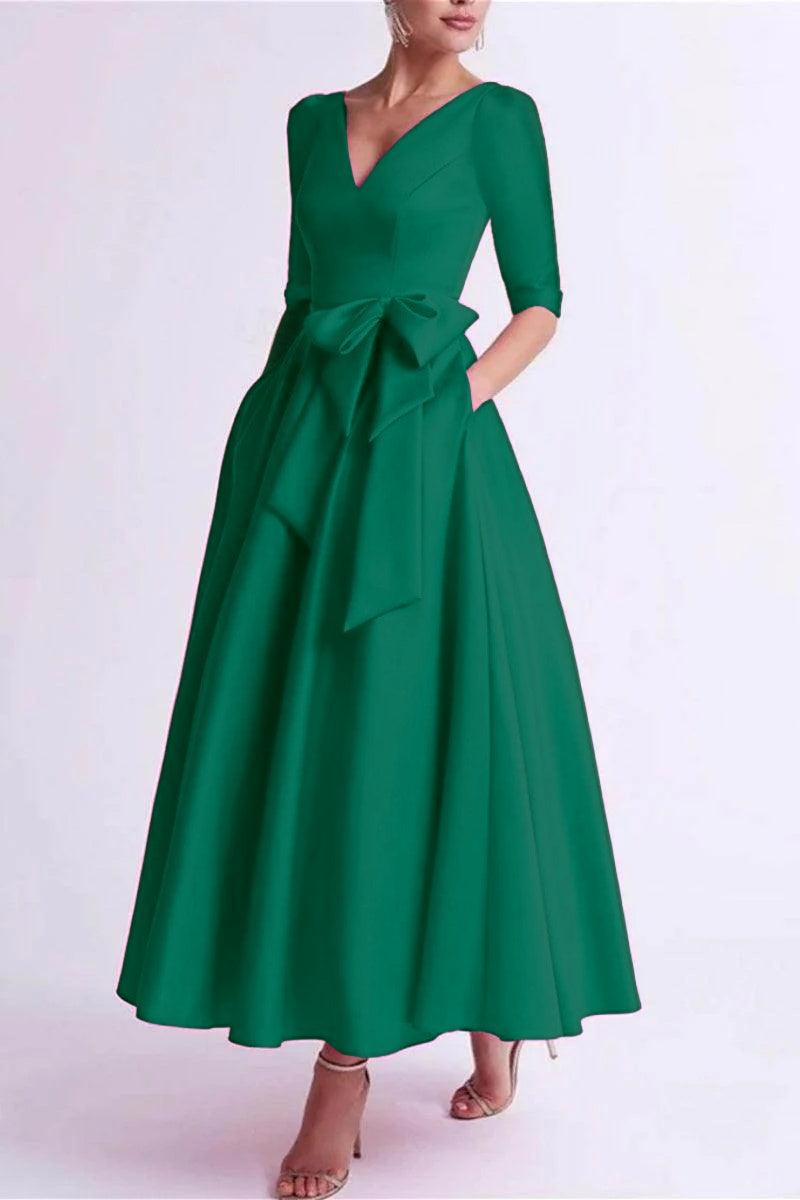 A Line V Neck 3/4 Length Sleeve Tea Length Satin Mother Dresses CM0344