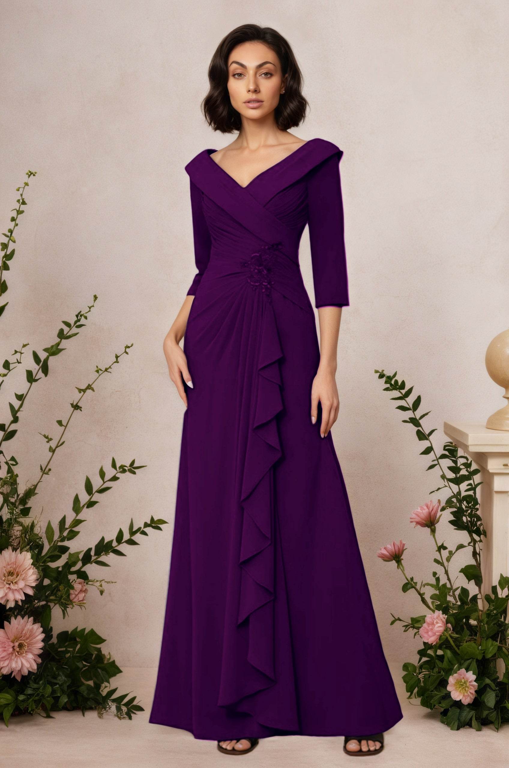 V Neck 3/4 Length Sleeves Floor Length Unique Mother Dresses CM0345