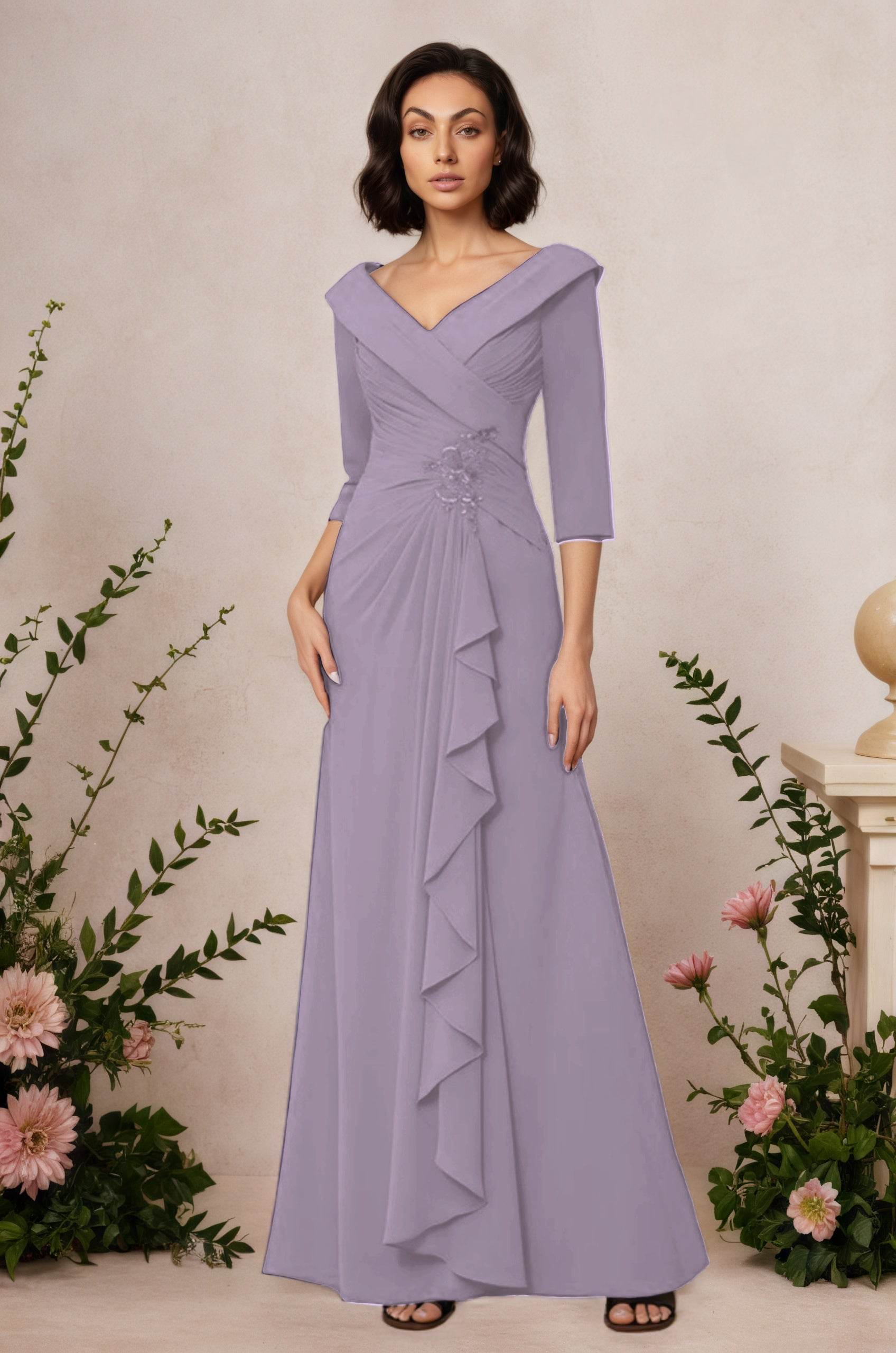 V Neck 3/4 Length Sleeves Floor Length Unique Mother Dresses CM0345