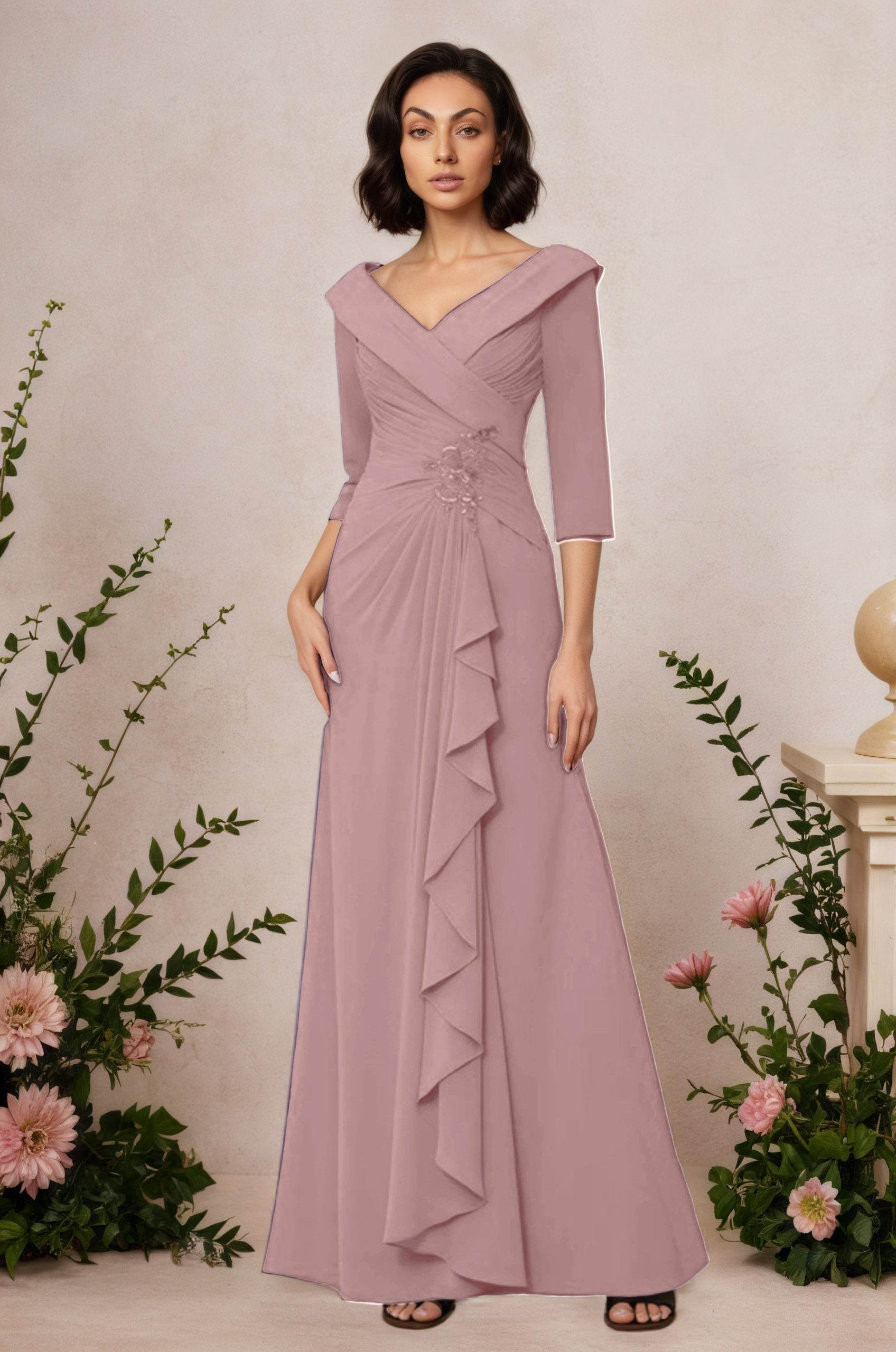 V Neck 3/4 Length Sleeves Floor Length Unique Mother Dresses CM0345
