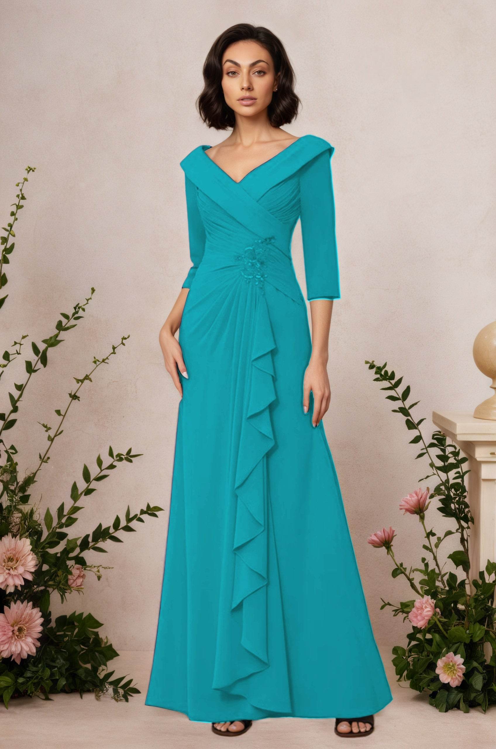 V Neck 3/4 Length Sleeves Floor Length Unique Mother Dresses CM0345