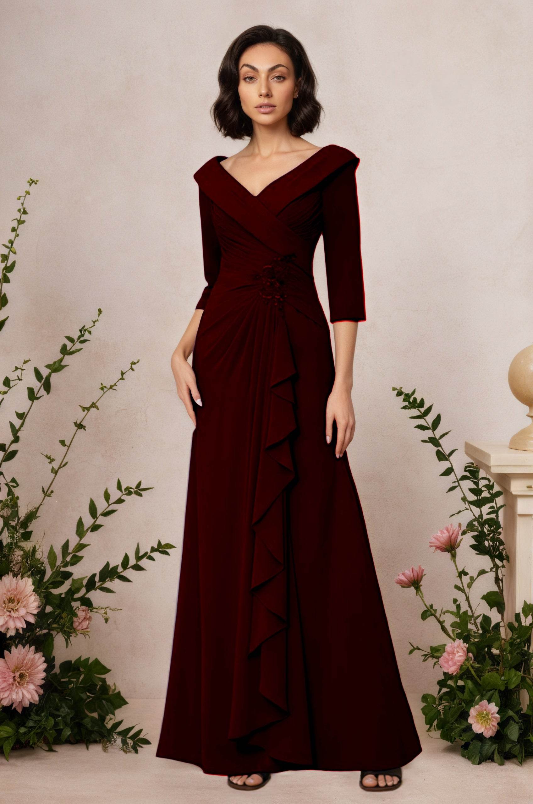 V Neck 3/4 Length Sleeves Floor Length Unique Mother Dresses CM0345