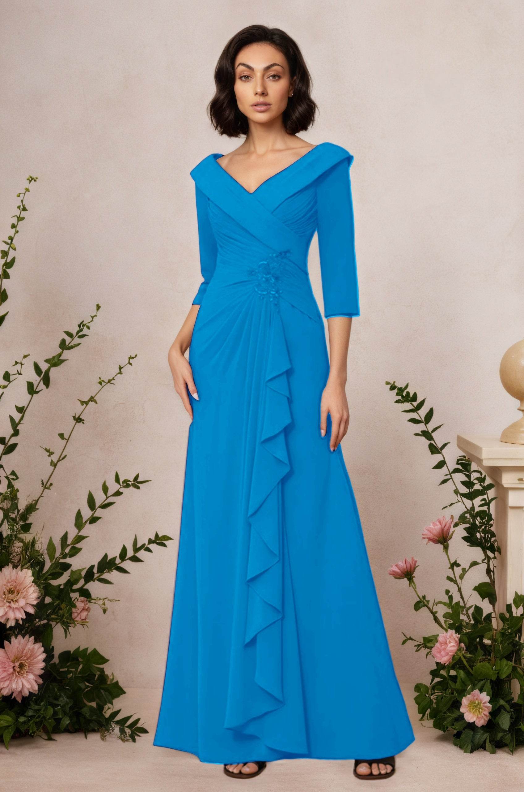 V Neck 3/4 Length Sleeves Floor Length Unique Mother Dresses CM0345