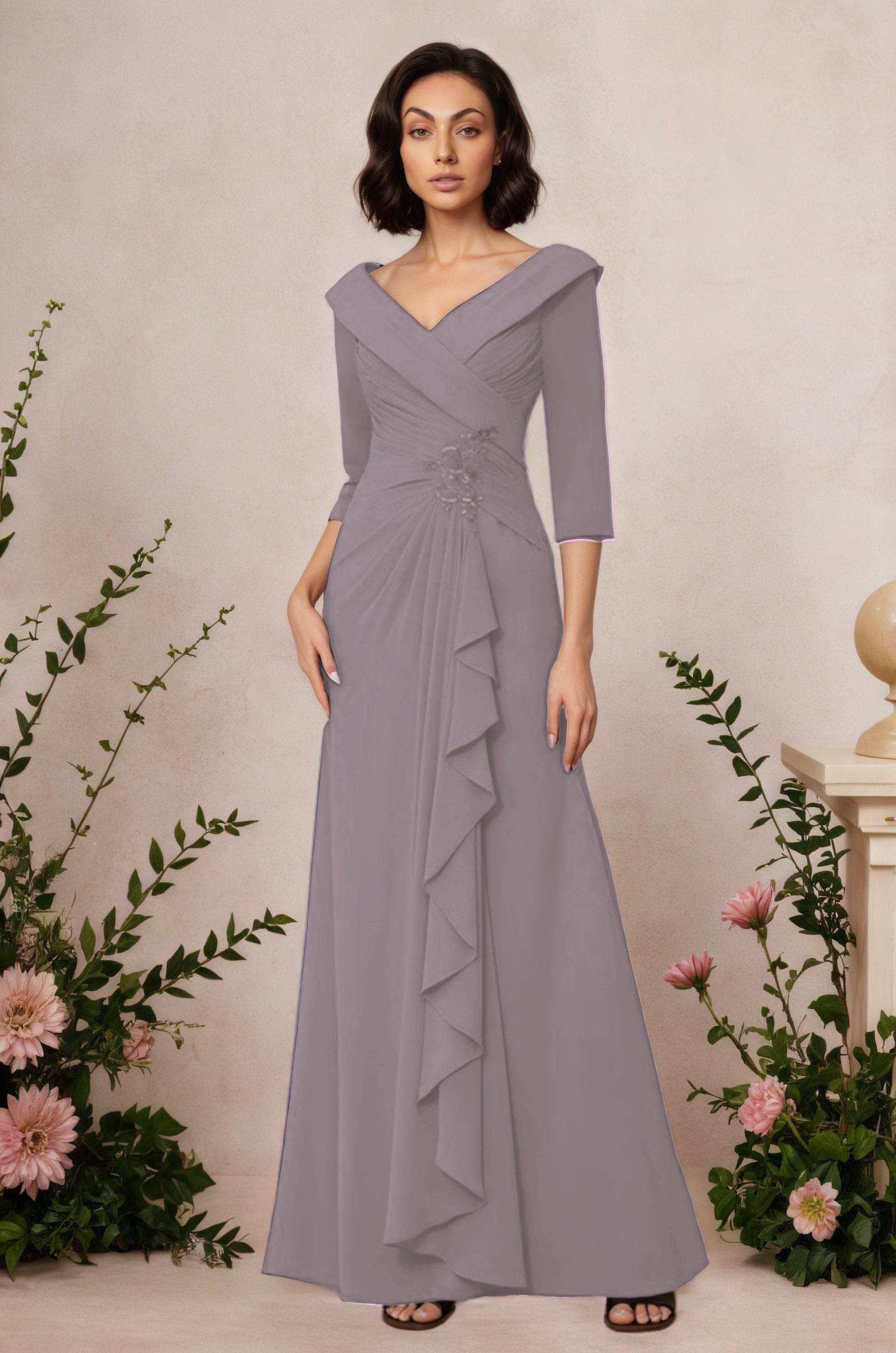 V Neck 3/4 Length Sleeves Floor Length Unique Mother Dresses CM0345
