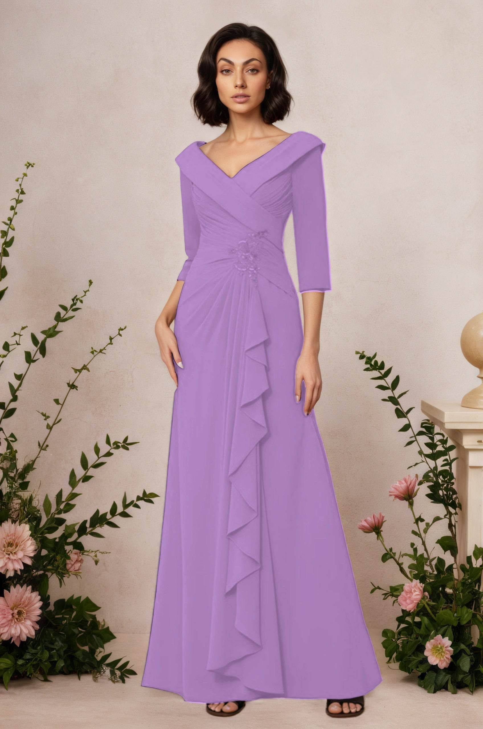 V Neck 3/4 Length Sleeves Floor Length Unique Mother Dresses CM0345