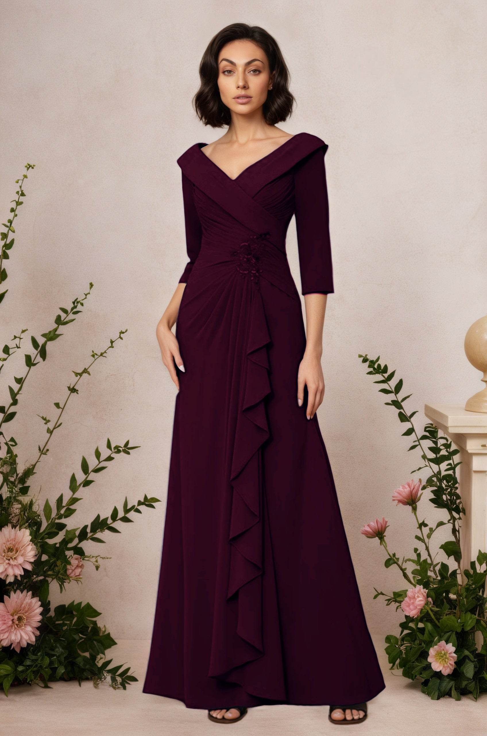 V Neck 3/4 Length Sleeves Floor Length Unique Mother Dresses CM0345