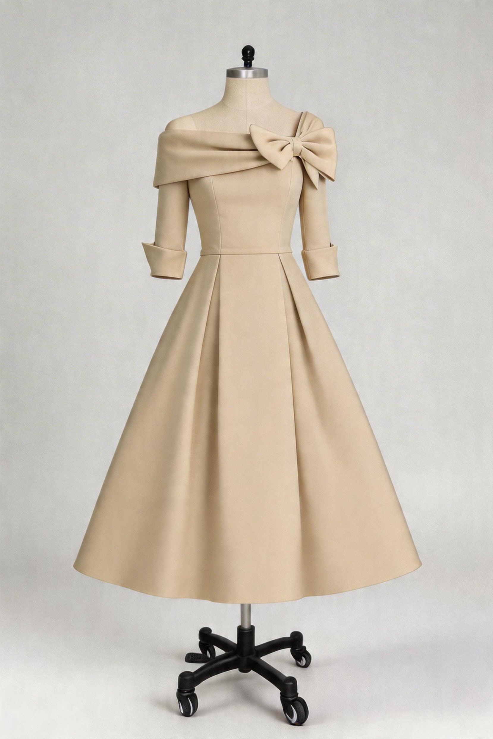 A Line Cowl Neck 3/4 Sleeves Tea Length Elegant Mother Dresses CM0348