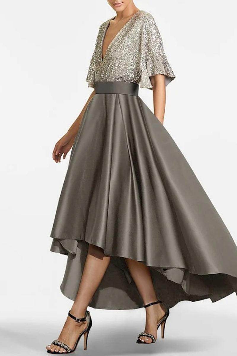 A Line V Neck Half Sleeves Asymmetrical Mother of the Bride Dresses CM0356