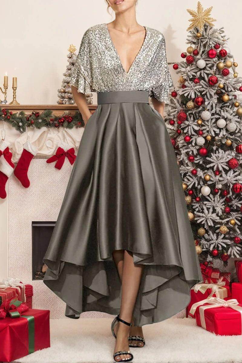 A Line V Neck Half Sleeves Asymmetrical Mother of the Bride Dresses CM0356