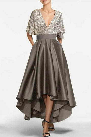 A Line V Neck Half Sleeves Asymmetrical Mother of the Bride Dresses CM0356