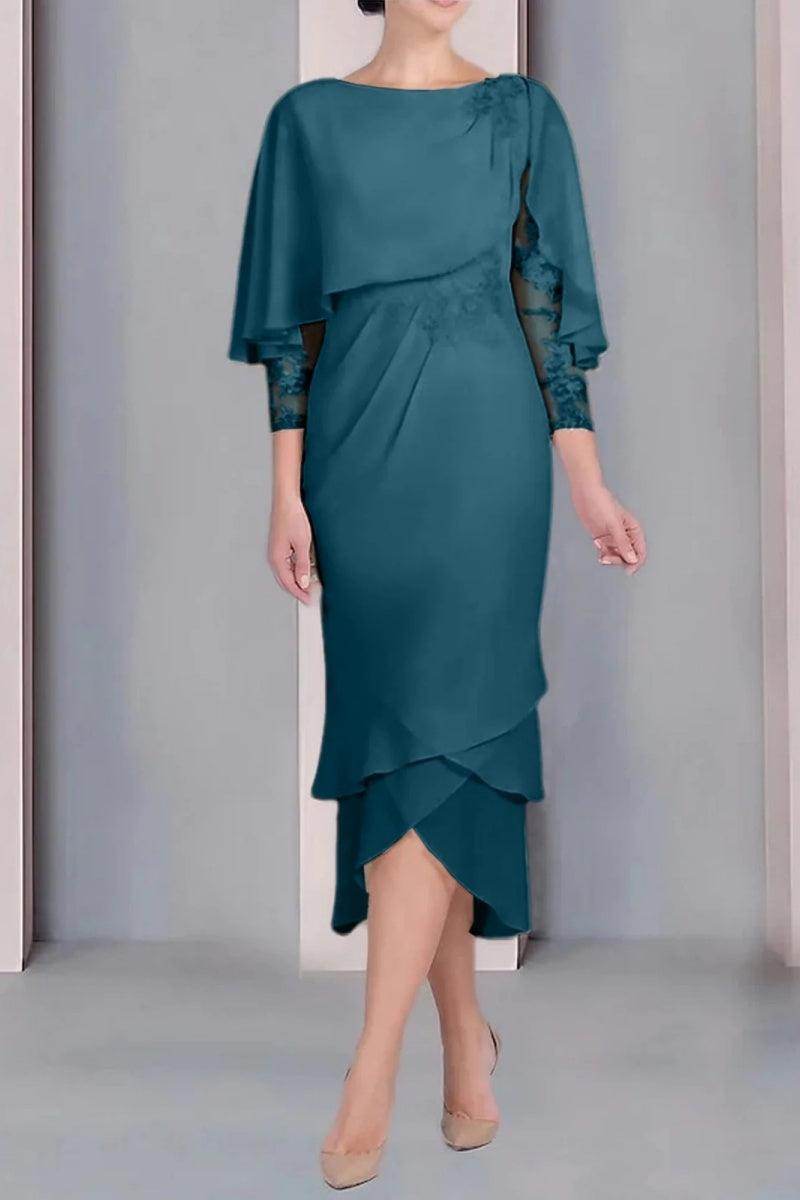 Sheath Column Scoop Short Sleeves Tea Length Mother Dresses CM0359