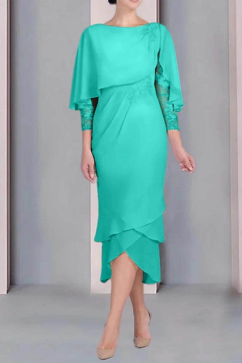 Sheath Column Scoop Short Sleeves Tea Length Mother Dresses CM0359