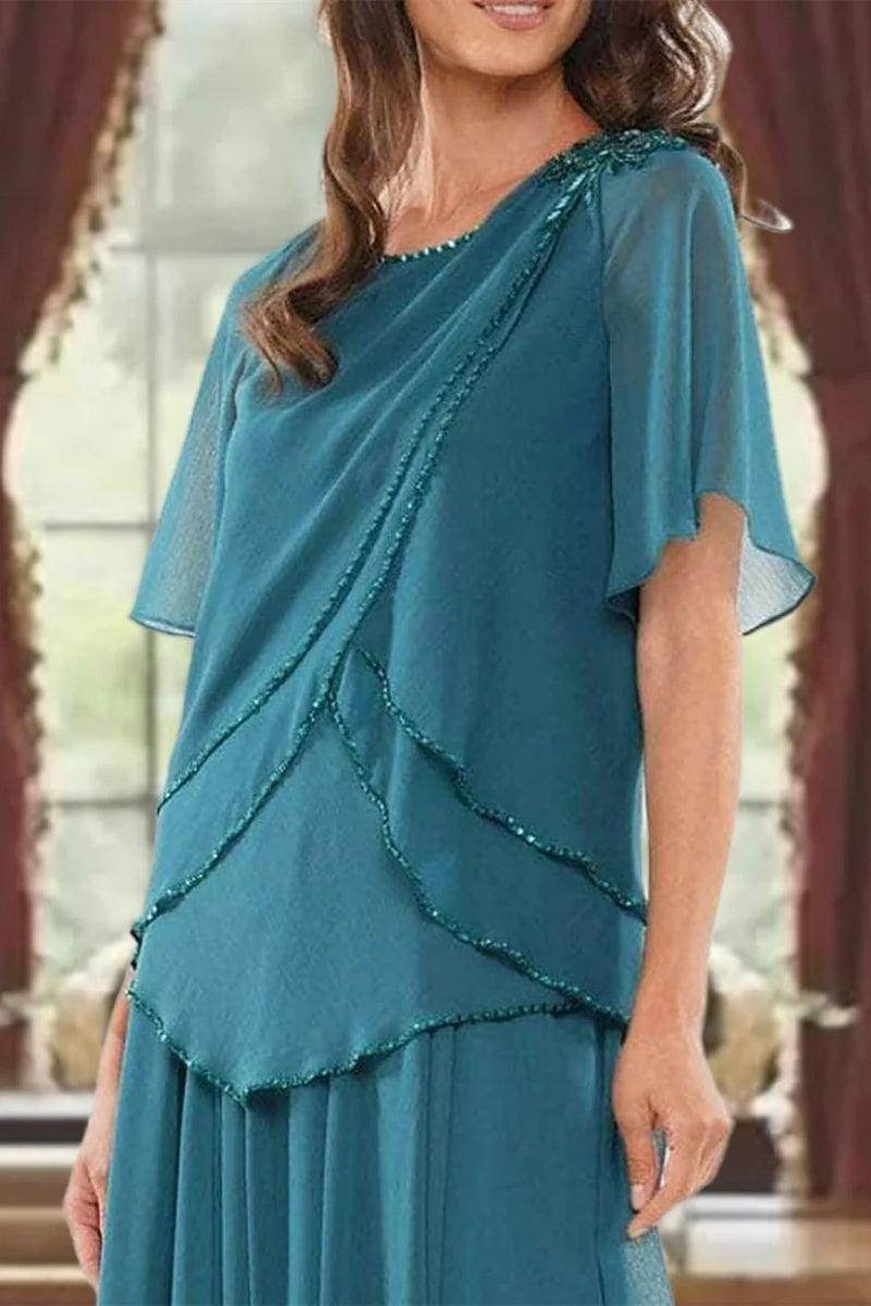 A Line Jewel Neck Short Sleeves Floor Length Mother Dress CM0363