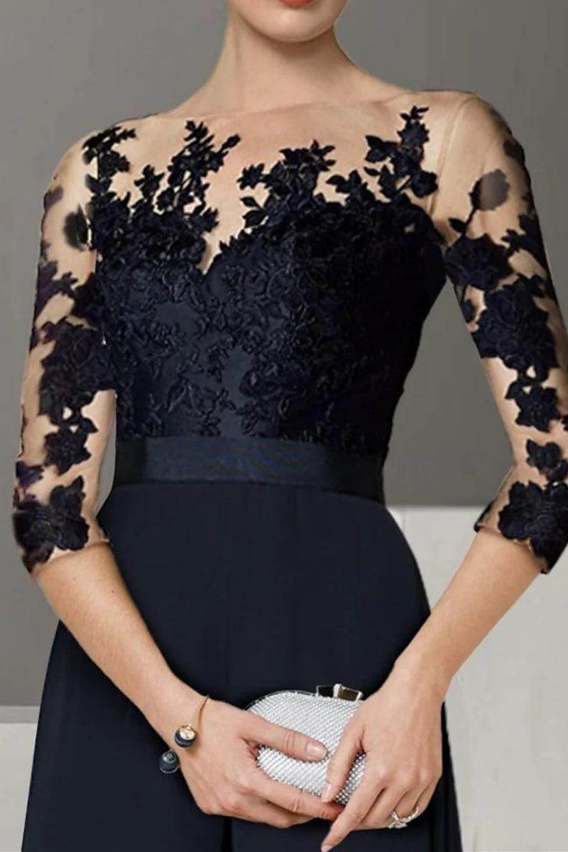 A Line Jewel Neck 3/4 Length Sleeves Floor Length Mother Dresses CM0375