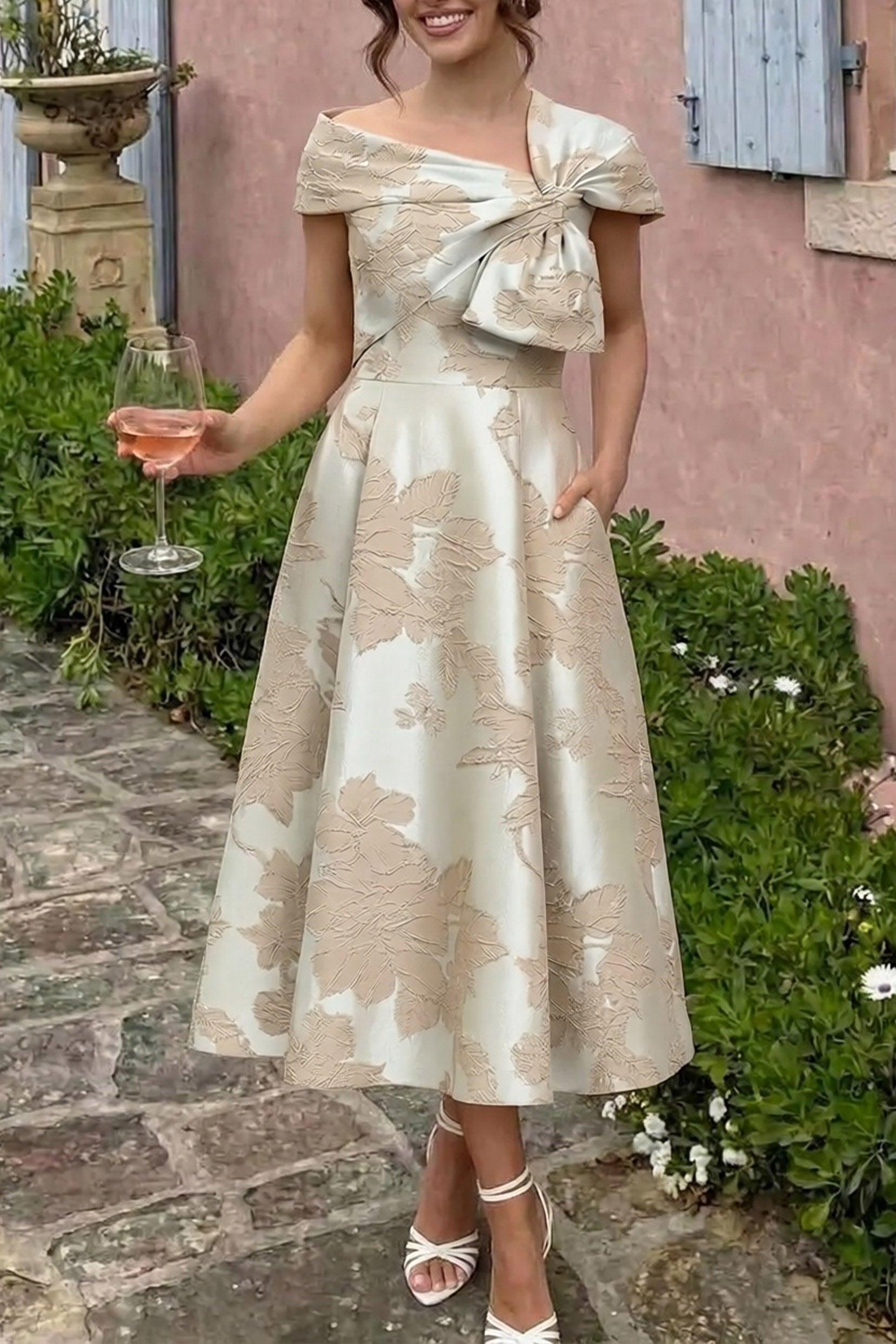A-Line Tea Length Jacquard Mother of the Bride Dress CM0413