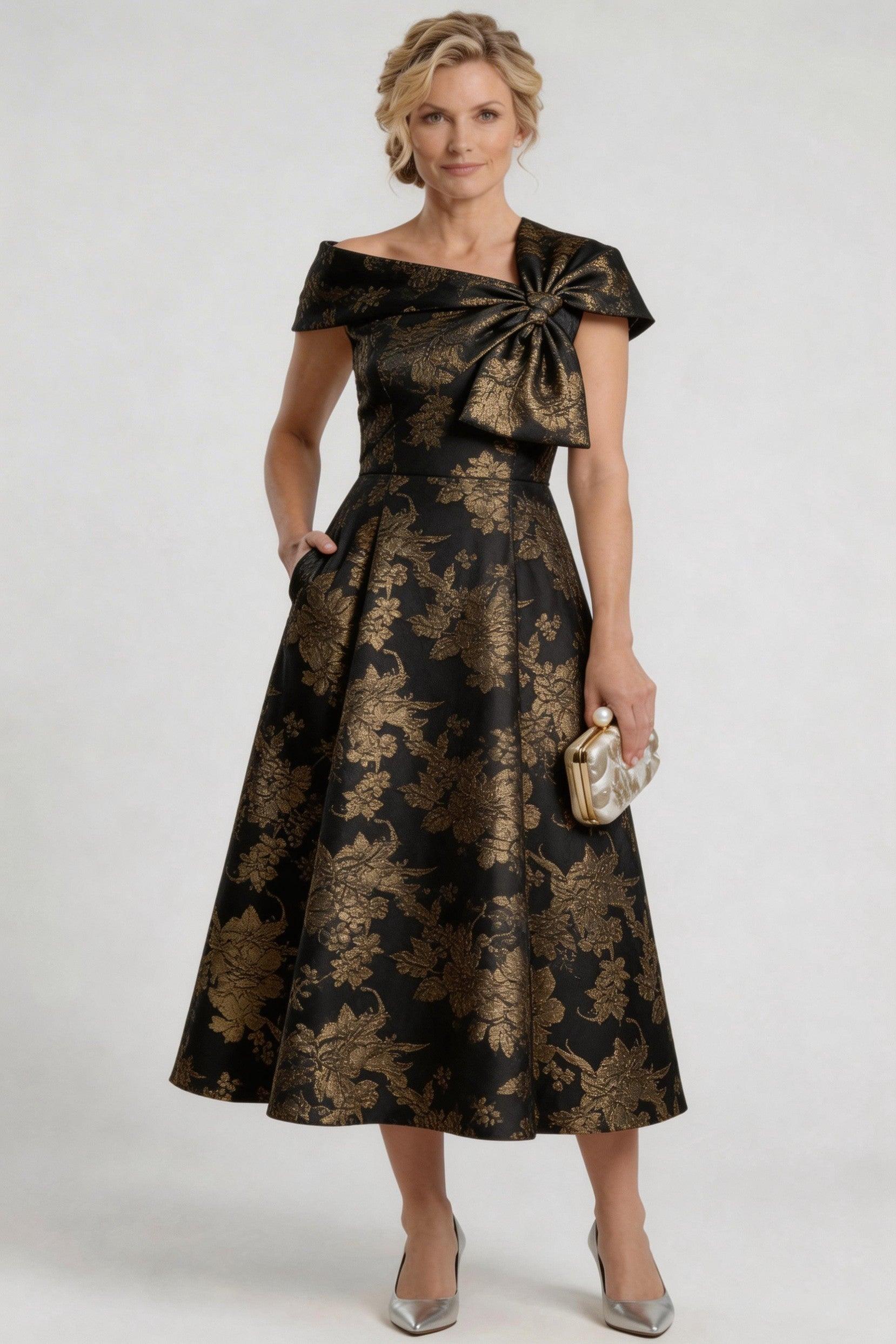 A-Line Tea Length Jacquard Mother of the Bride Dress CM0413