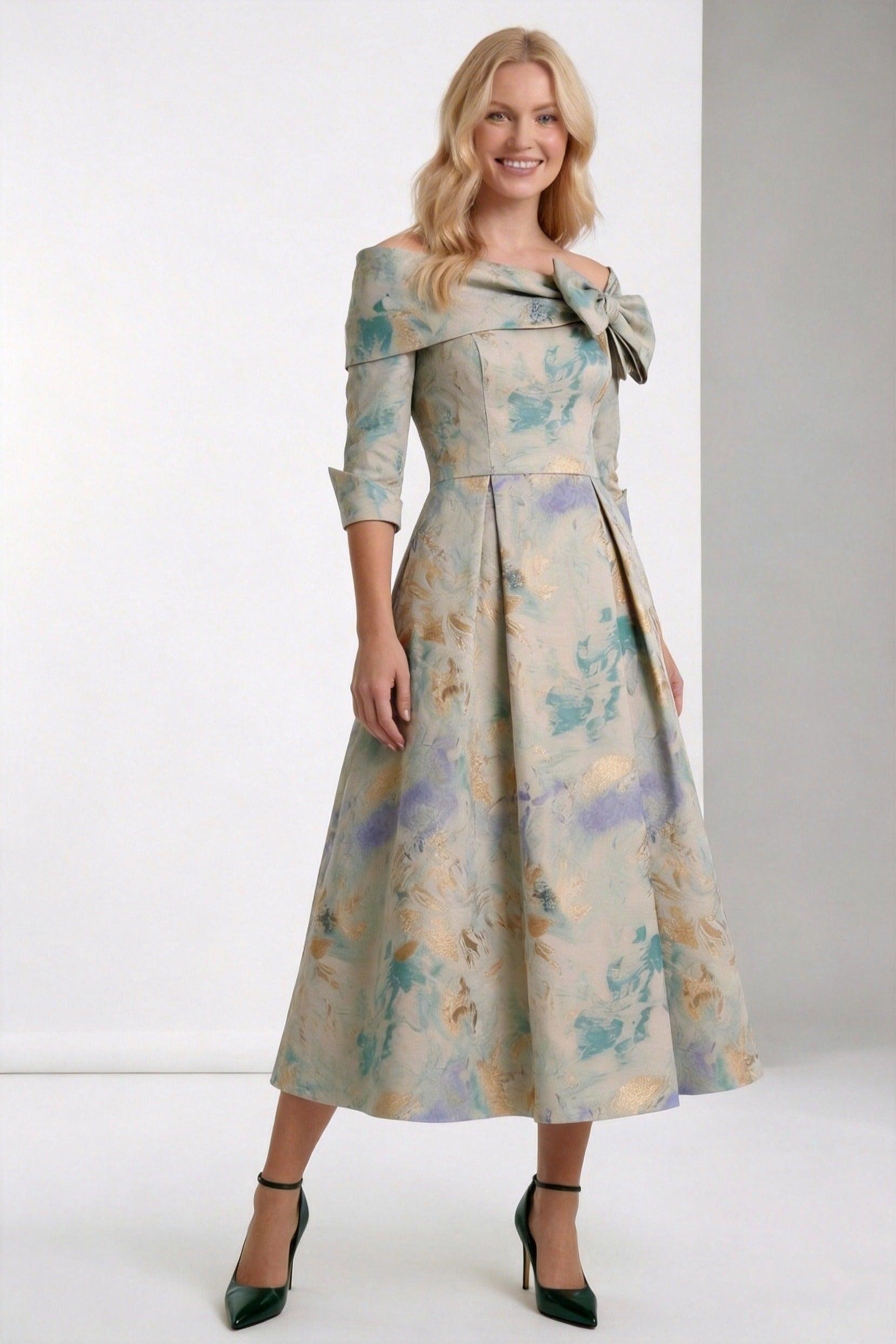 A-Line Tea-Length Jacquard Mother of the Bride Dress CM0418