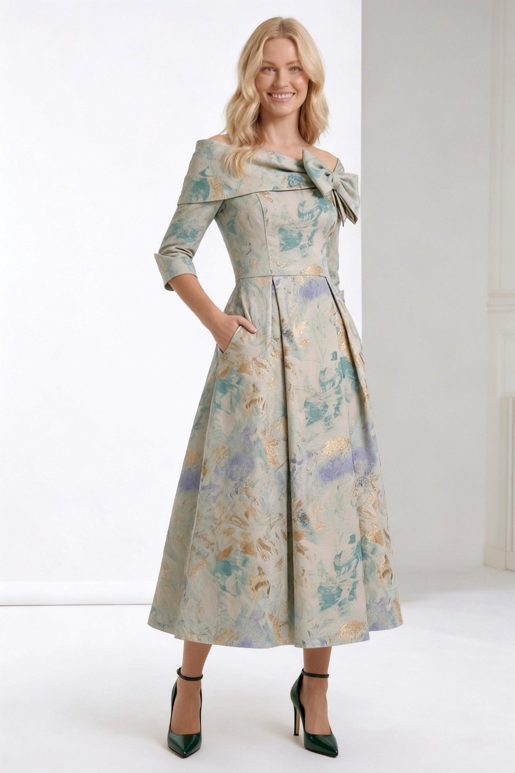 A-Line Tea-Length Jacquard Mother of the Bride Dress CM0418