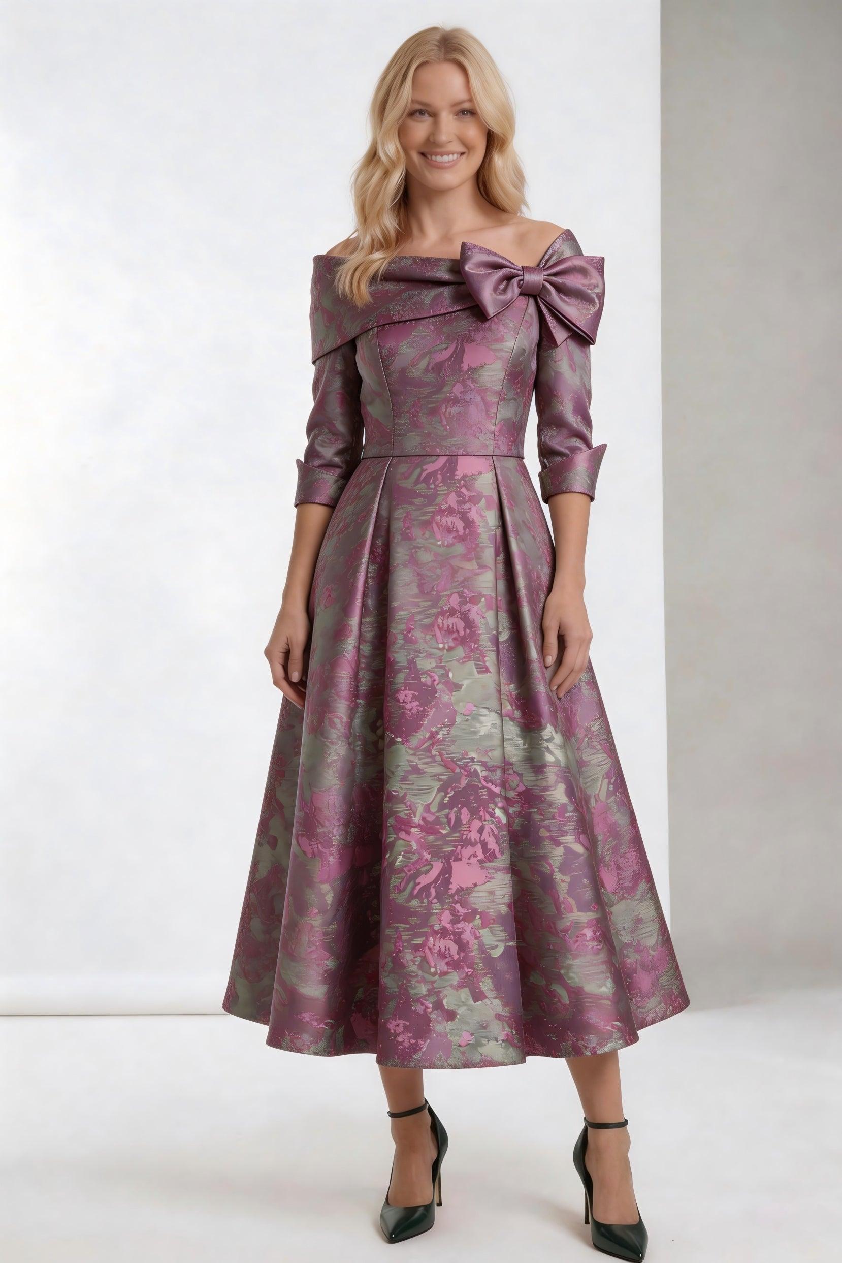A-Line Tea-Length Jacquard Mother of the Bride Dress CM0418