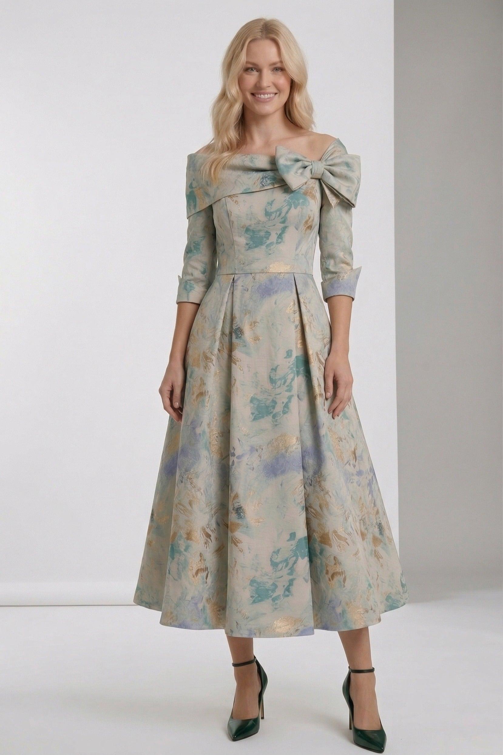 A-Line Tea-Length Jacquard Mother of the Bride Dress CM0418