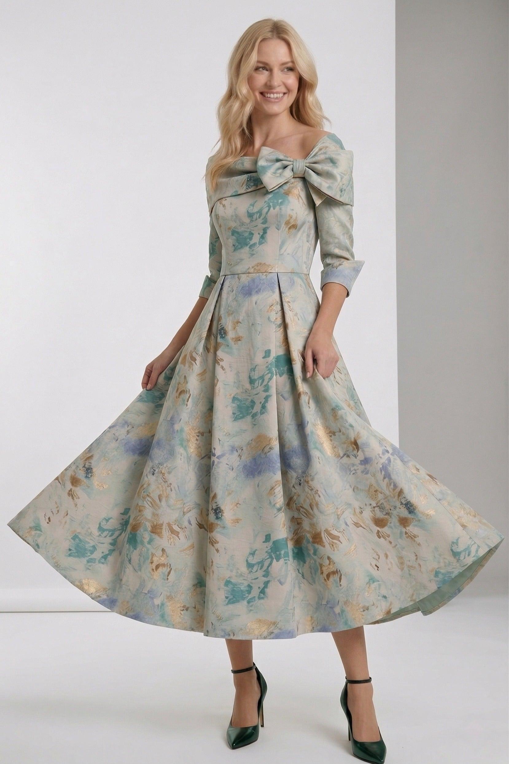 A-Line Tea-Length Jacquard Mother of the Bride Dress CM0418