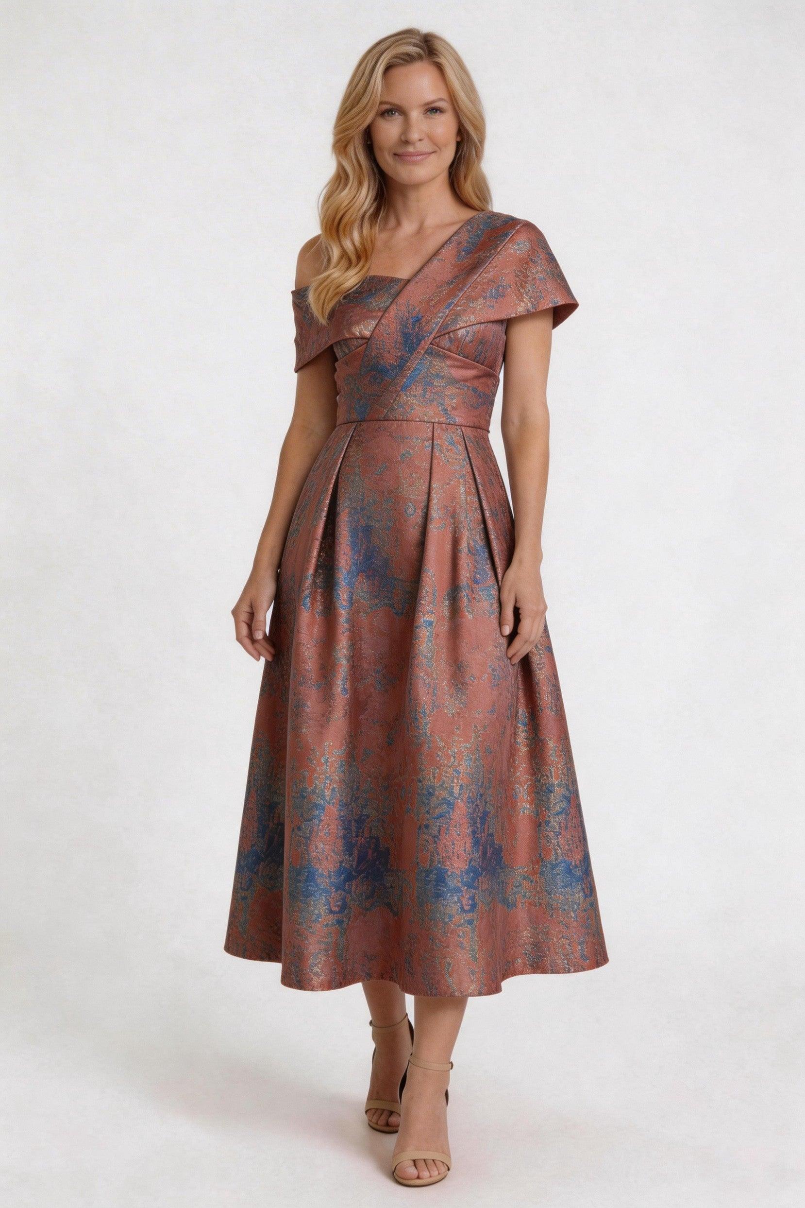A-Line Tea-Length Jacquard Mother of the Bride Dress CM0421