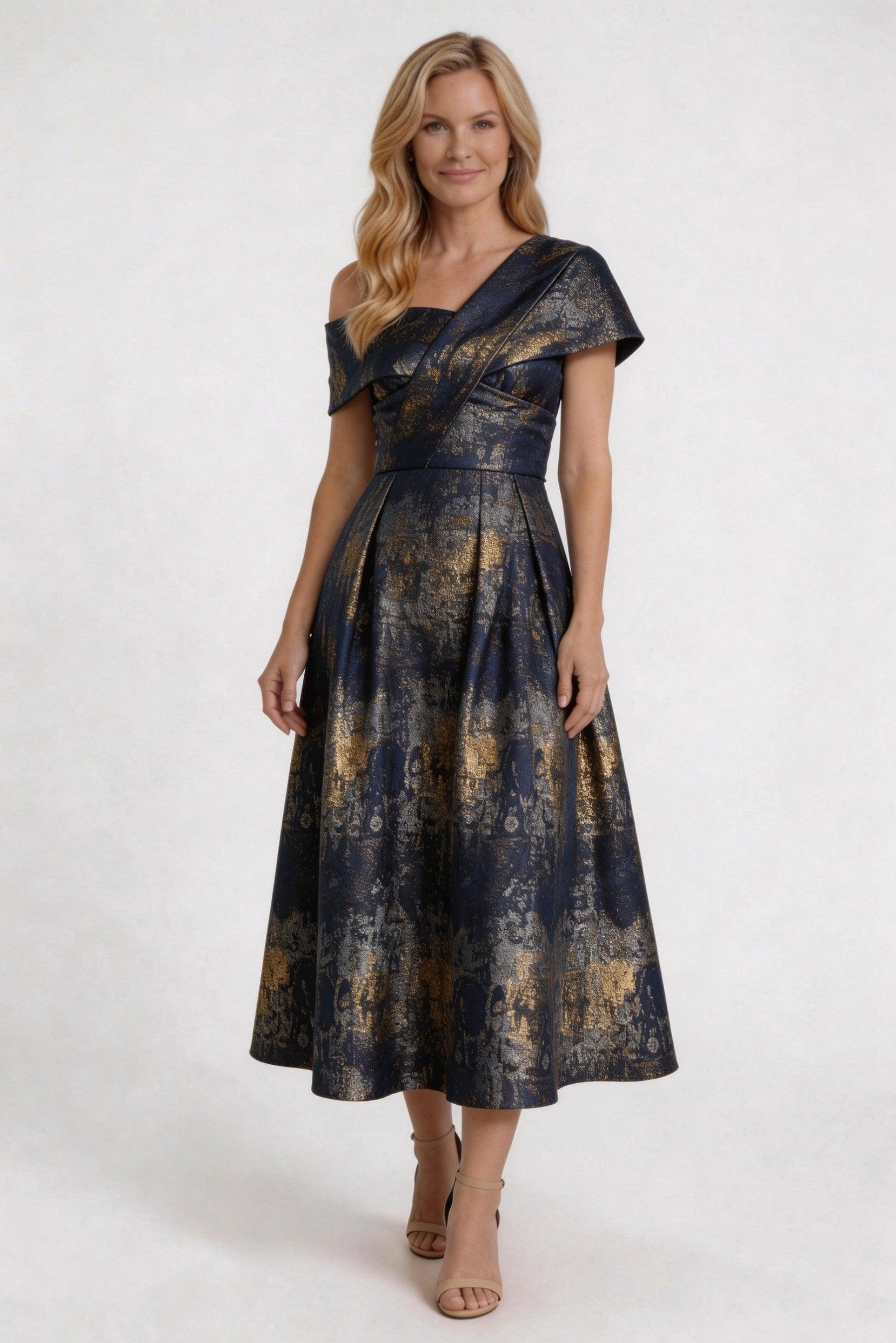 A-Line Tea-Length Jacquard Mother of the Bride Dress CM0421