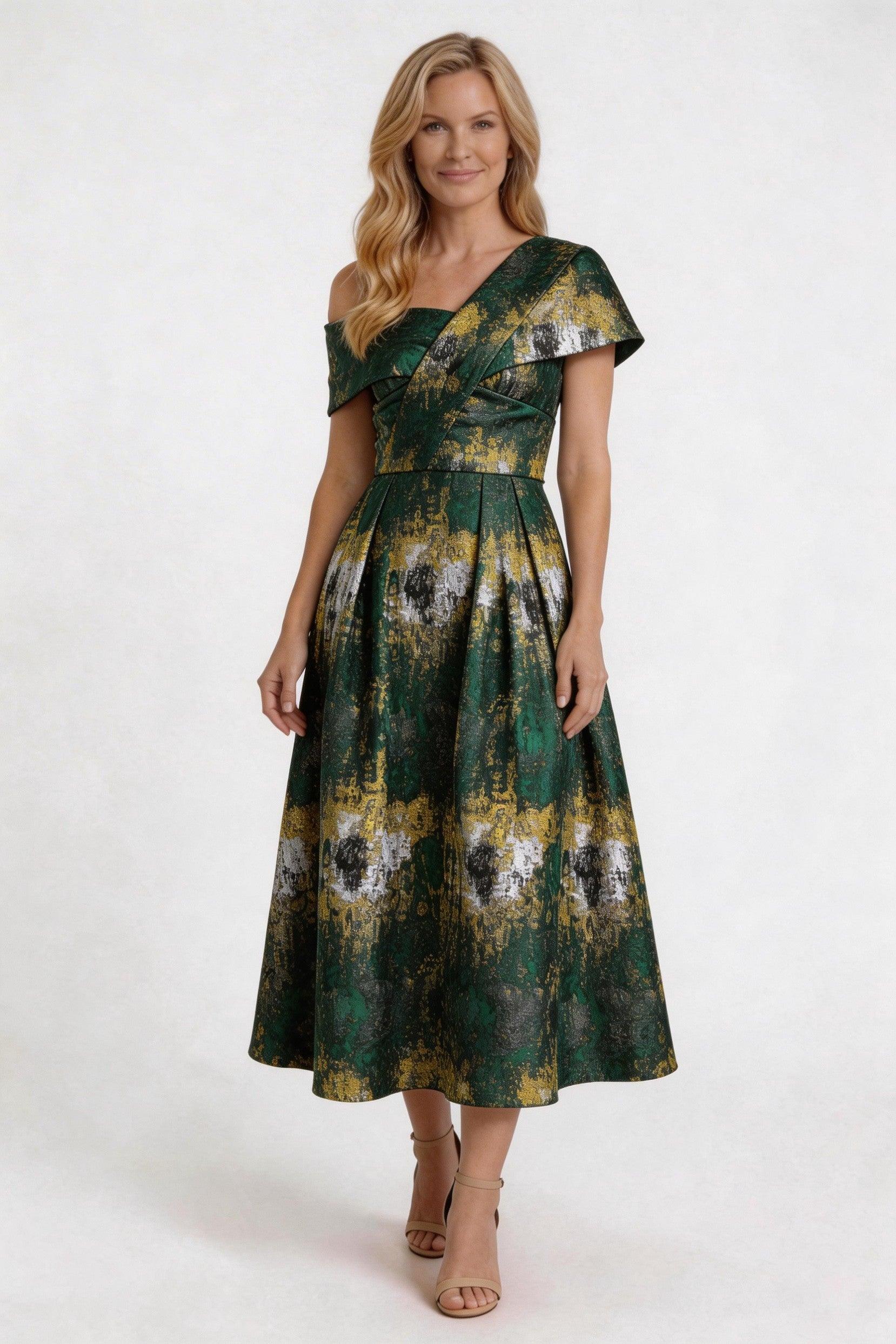 A-Line Tea-Length Jacquard Mother of the Bride Dress CM0421