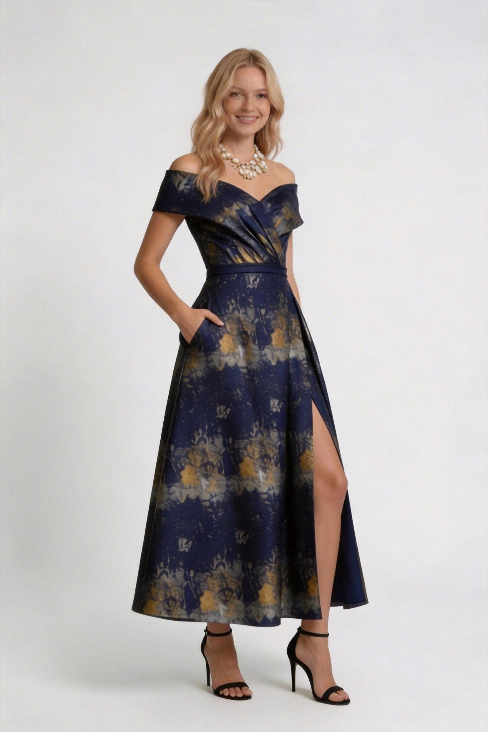 A-Line Tea-Length Jacquard Mother of the Bride Dress CM0429