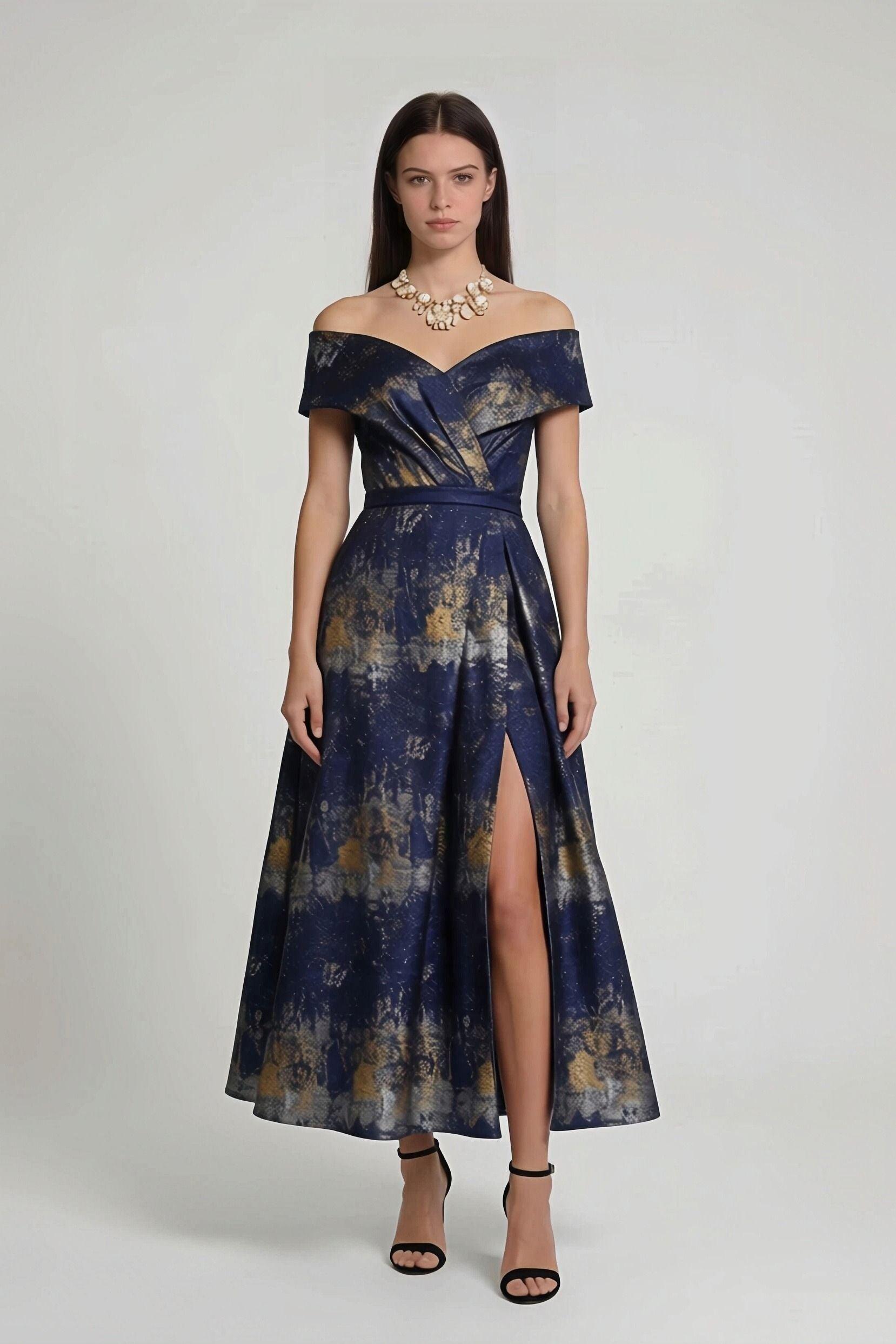 A-Line Tea-Length Jacquard Mother of the Bride Dress CM0429