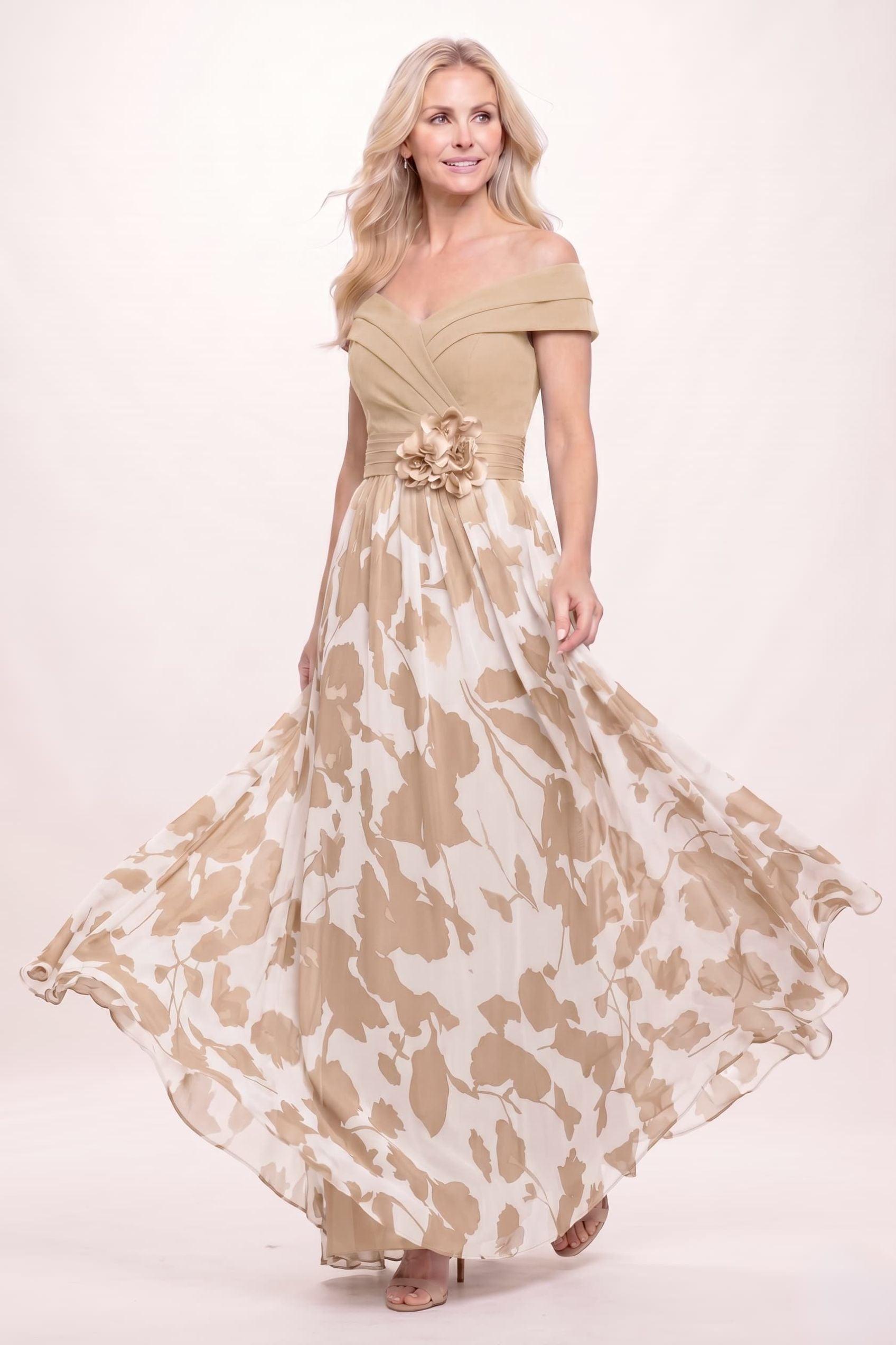 A-Line Maxi Stretch Satin Printed Chiffon Mother of the Bride Dress CM0440