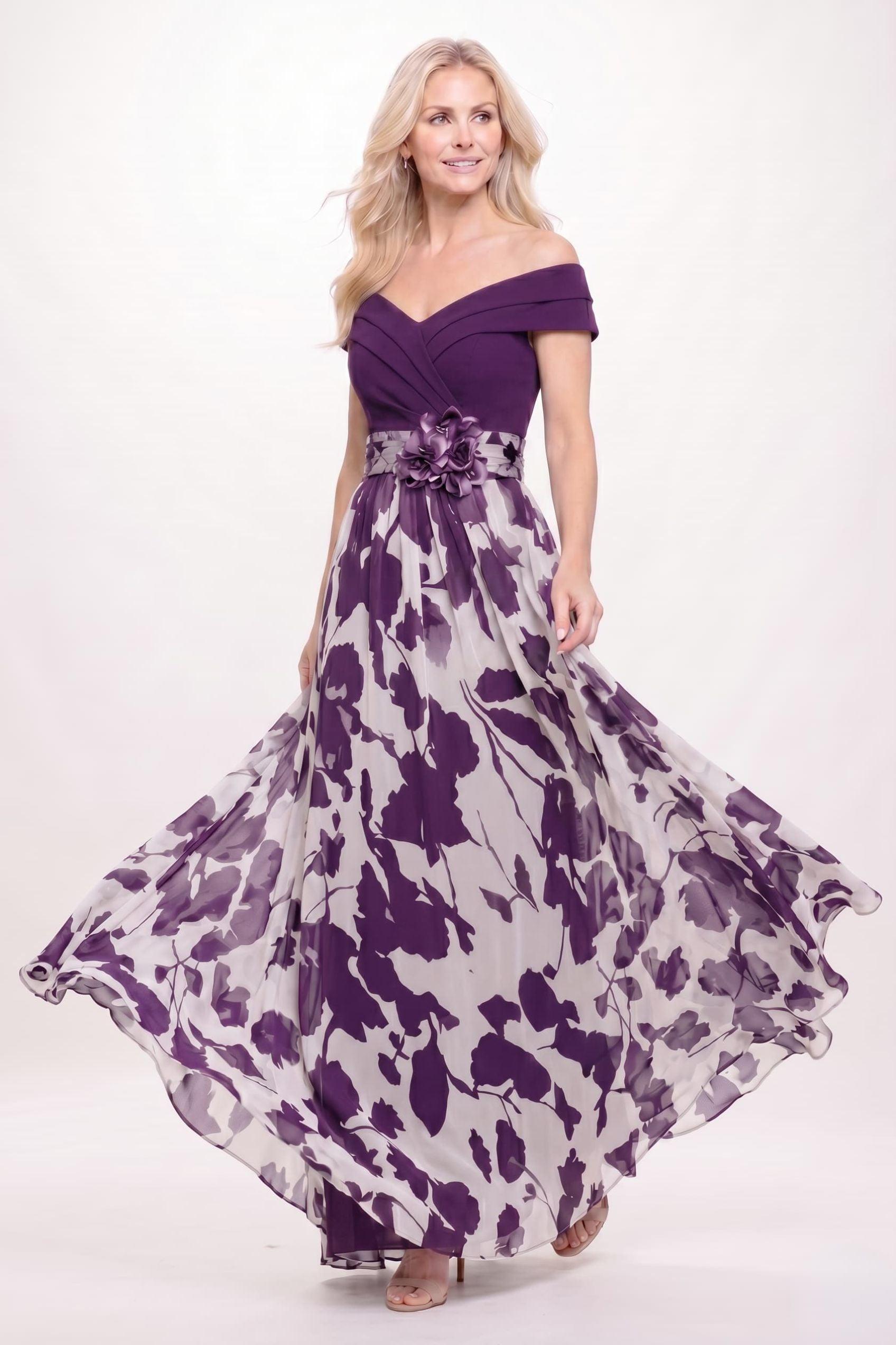 A-Line Maxi Stretch Satin Printed Chiffon Mother of the Bride Dress CM0440