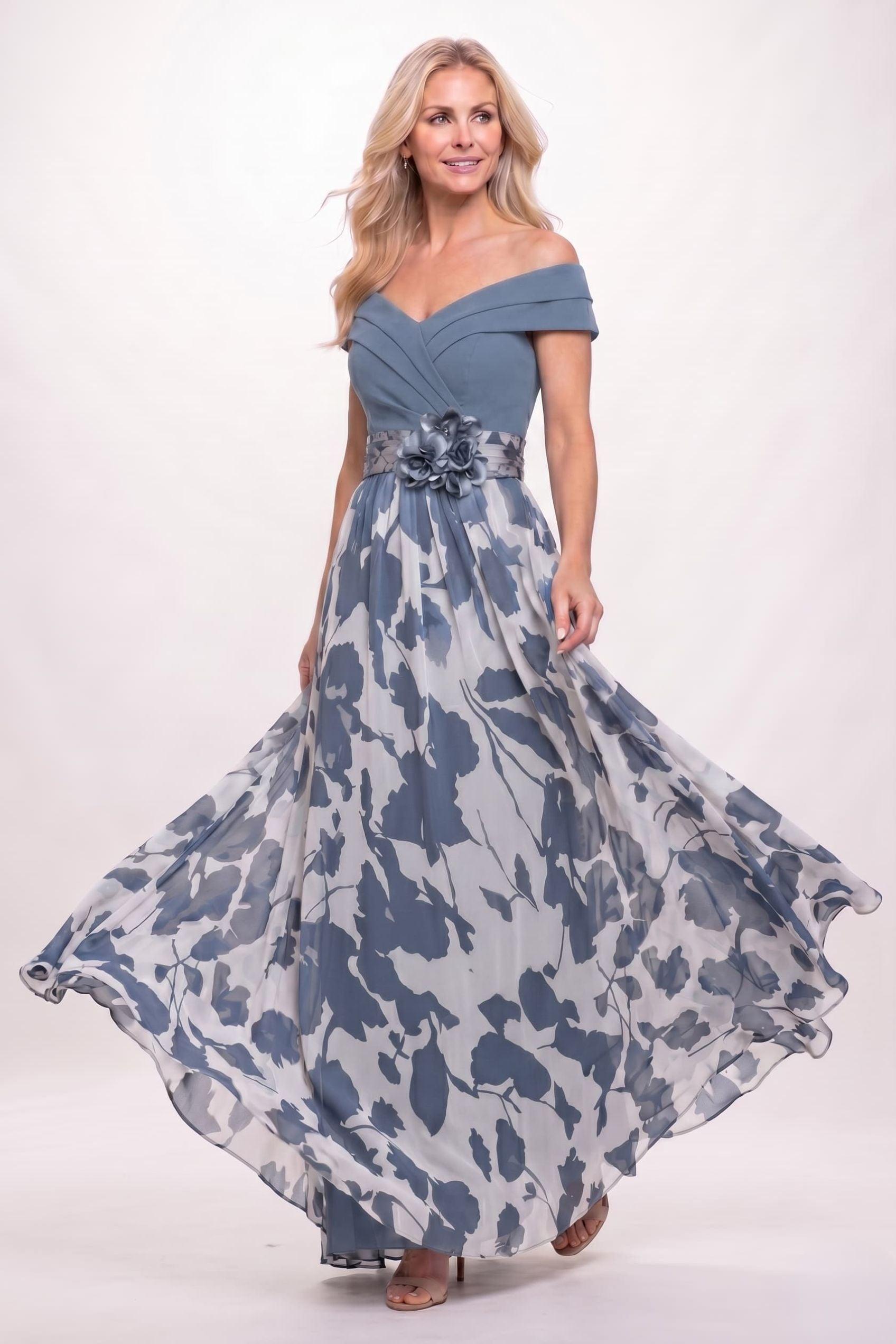 A-Line Maxi Stretch Satin Printed Chiffon Mother of the Bride Dress CM0440