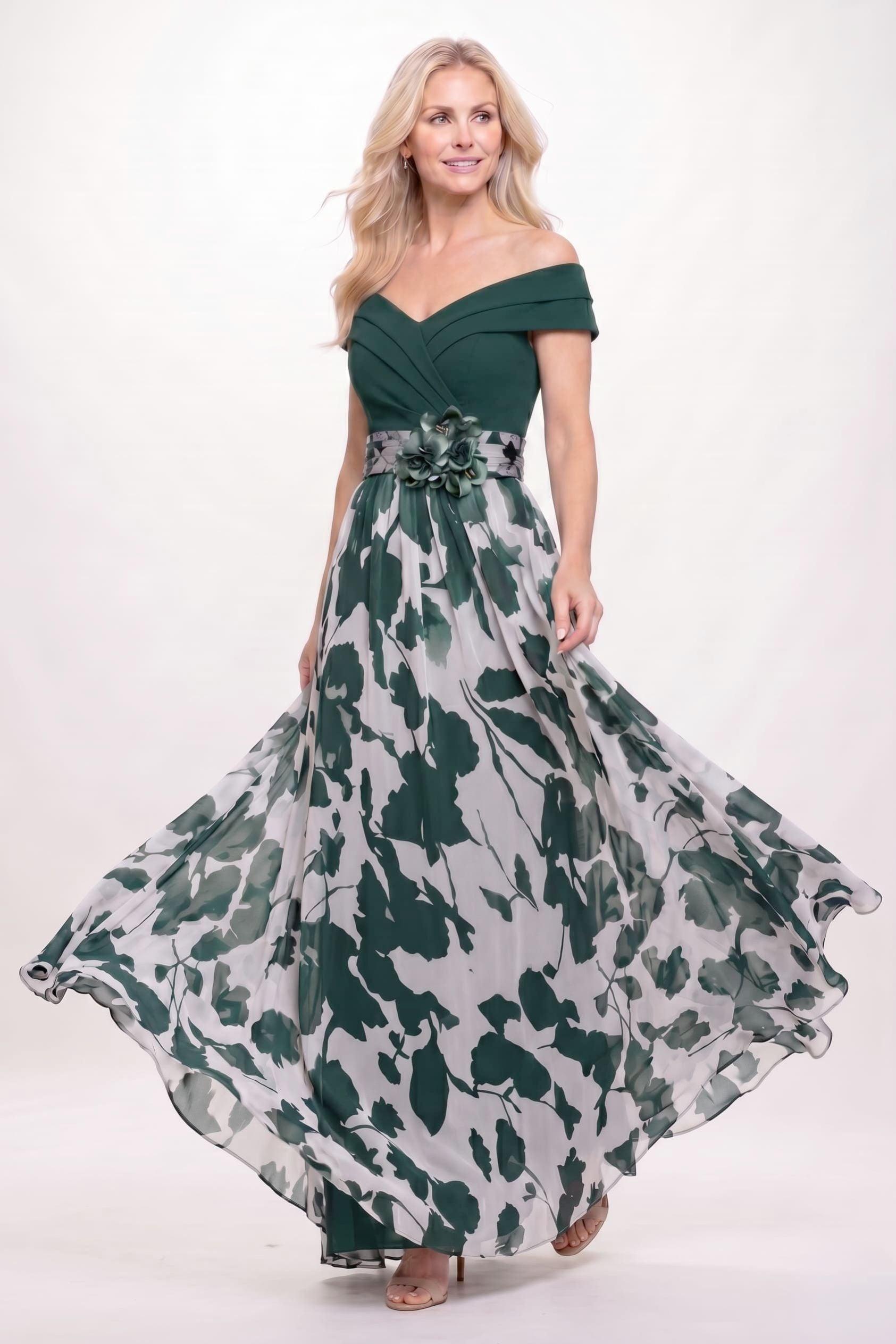 A-Line Maxi Stretch Satin Printed Chiffon Mother of the Bride Dress CM0440