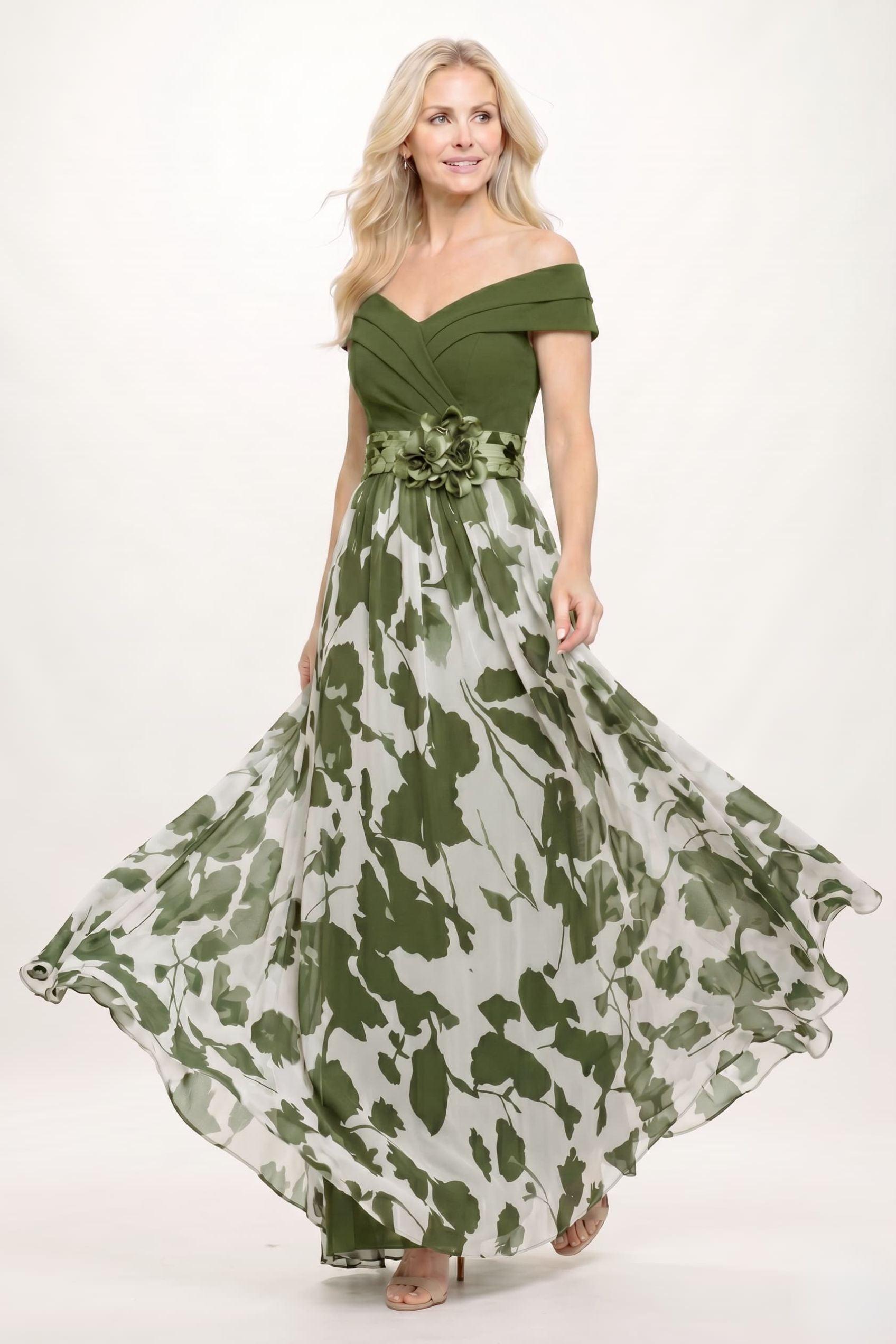 A-Line Maxi Stretch Satin Printed Chiffon Mother of the Bride Dress CM0440