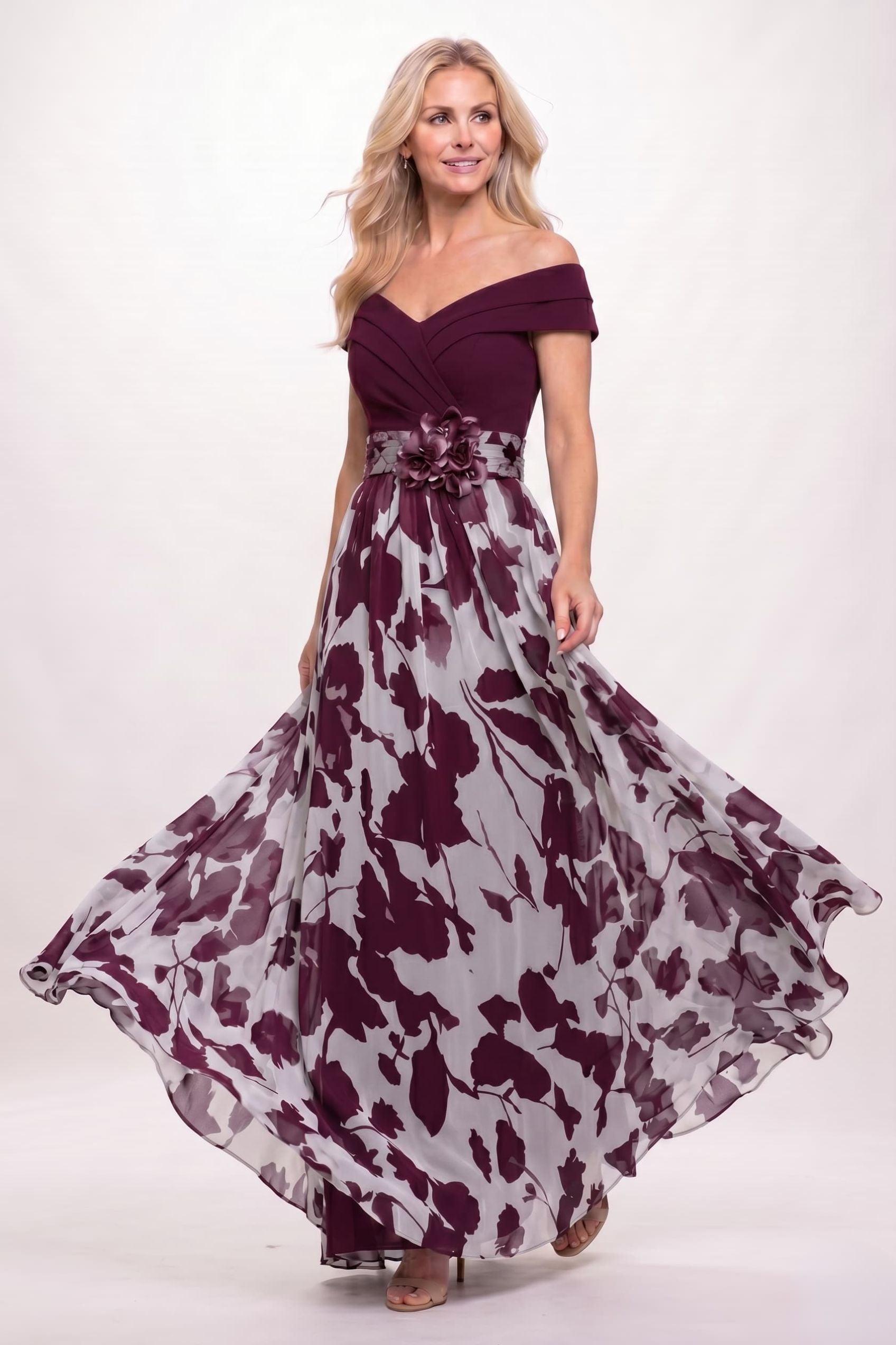 A-Line Maxi Stretch Satin Printed Chiffon Mother of the Bride Dress CM0440