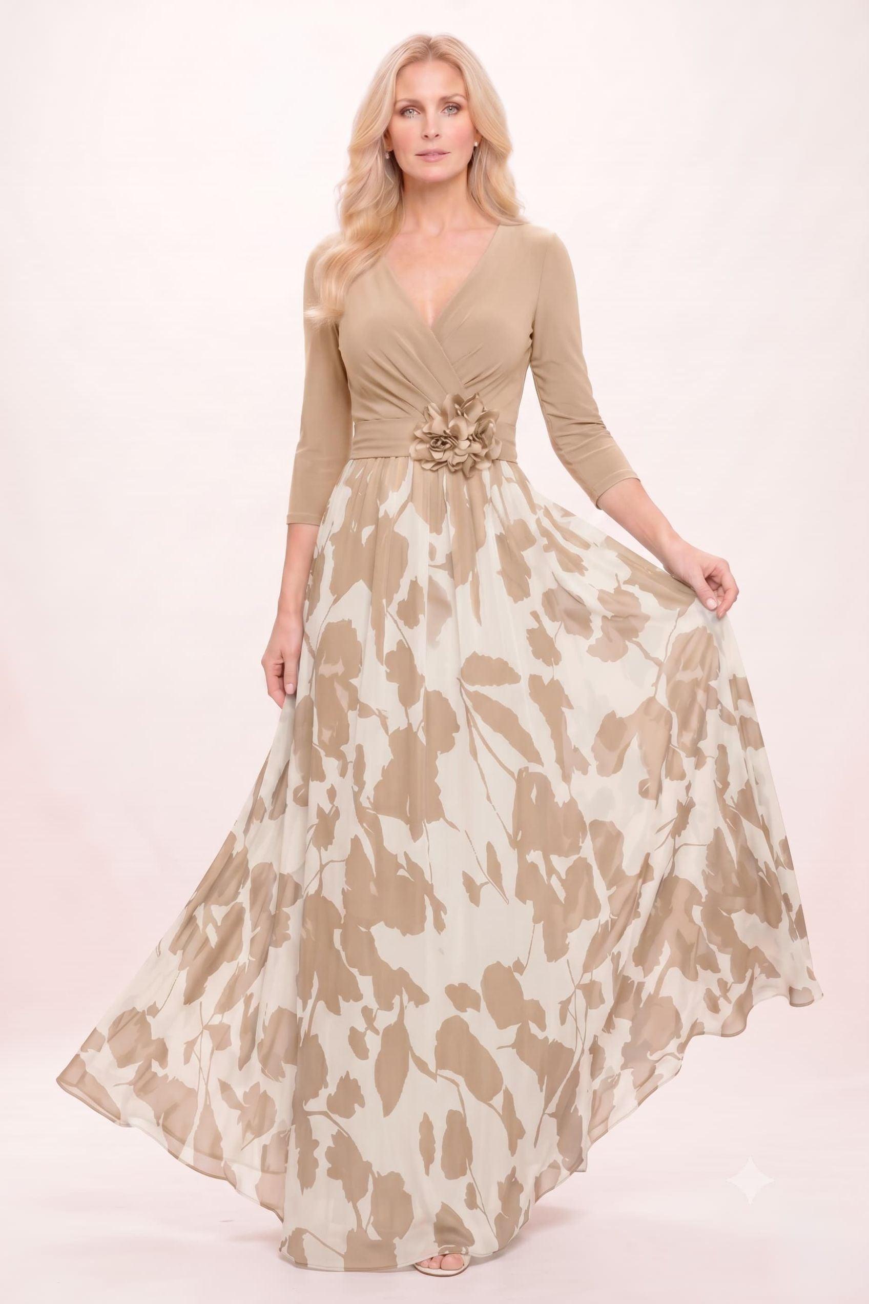 A-Line Maxi Stretch Satin Printed Chiffon Mother of the Bride Dress CM0441