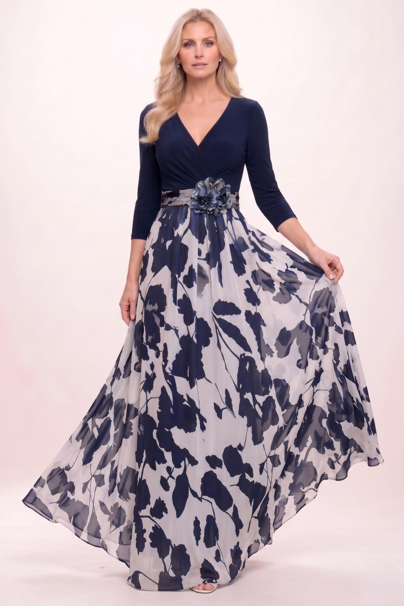 A-Line Maxi Stretch Satin Printed Chiffon Mother of the Bride Dress CM0441