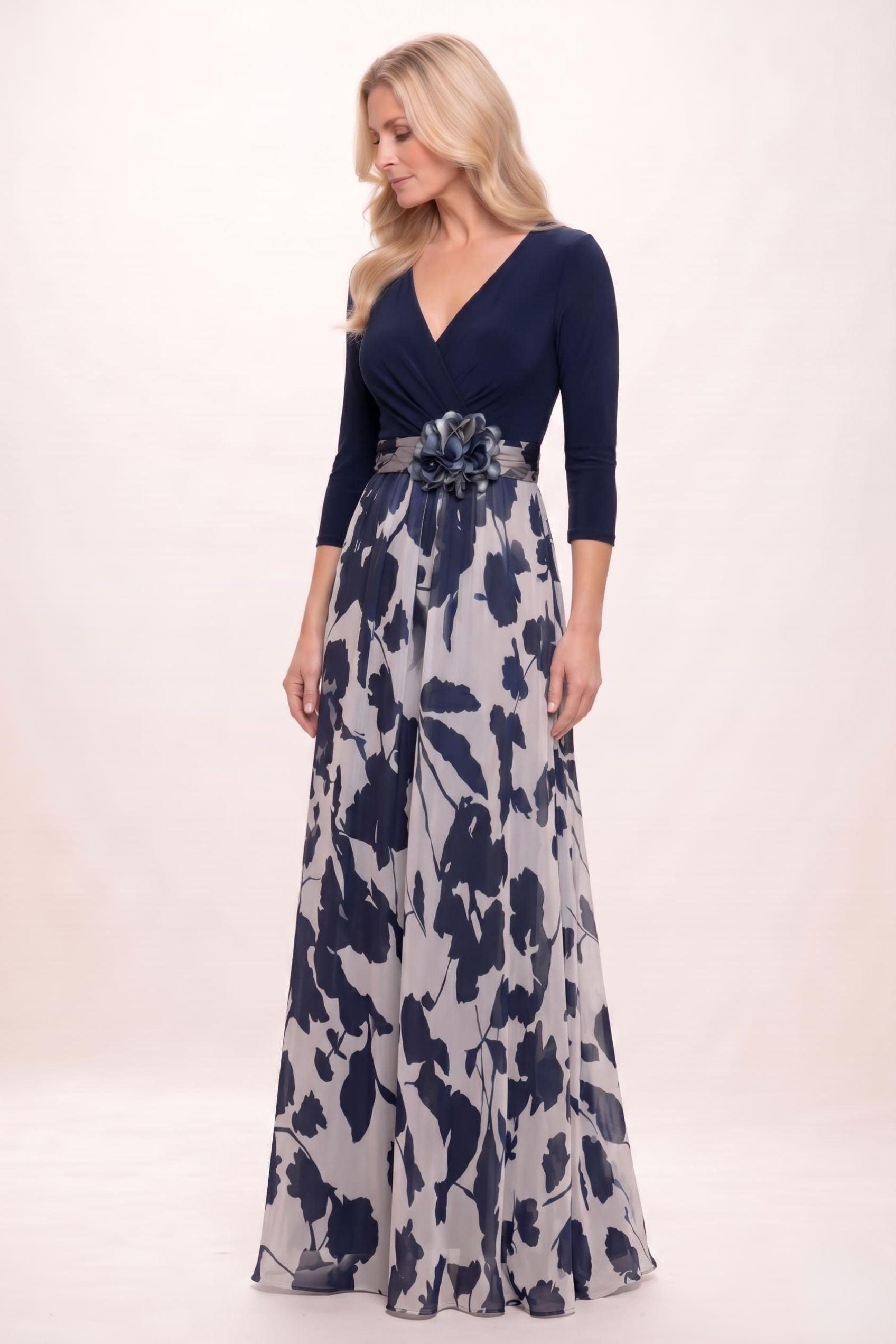 A-Line Maxi Stretch Satin Printed Chiffon Mother of the Bride Dress CM0441