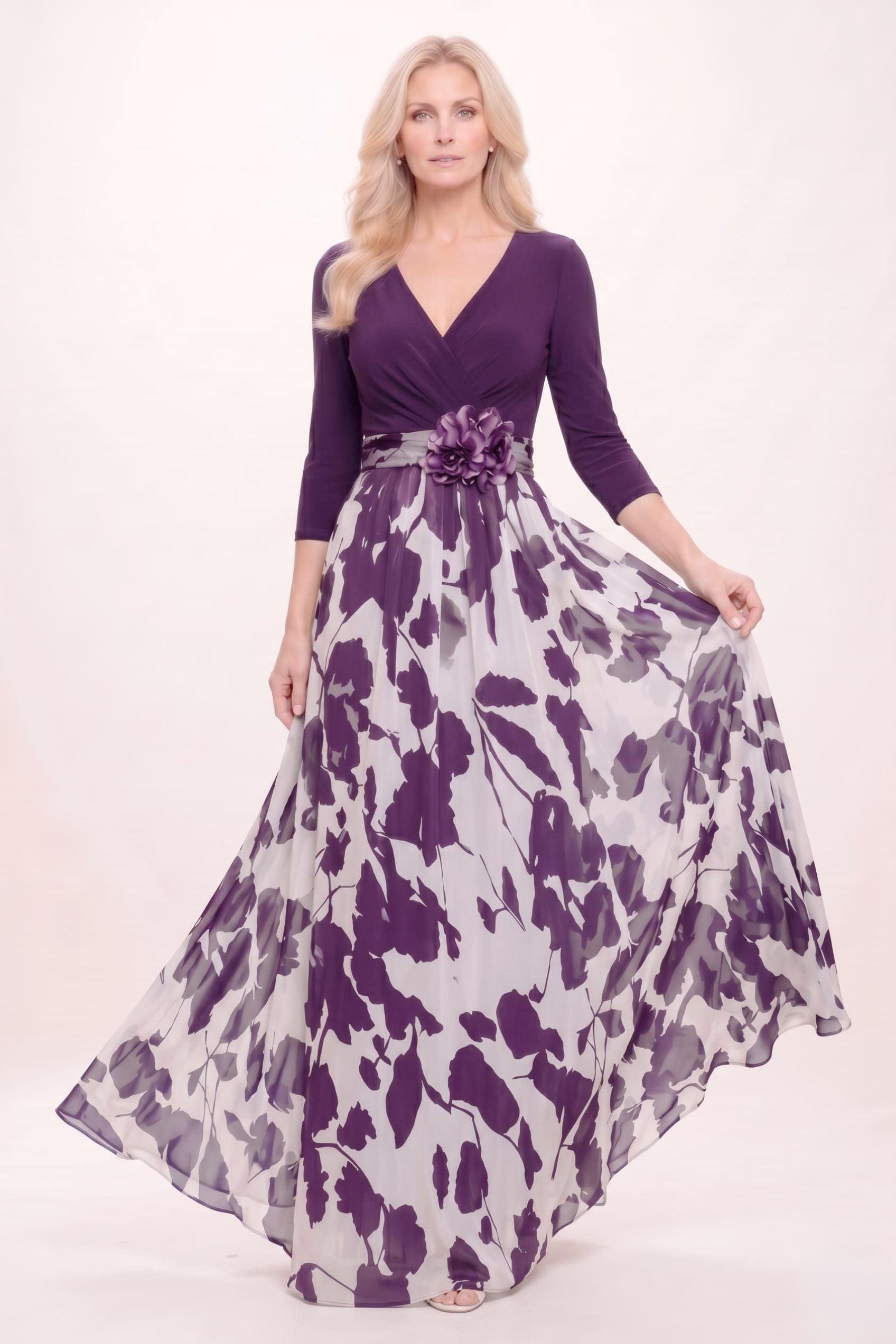 A-Line Maxi Stretch Satin Printed Chiffon Mother of the Bride Dress CM0441