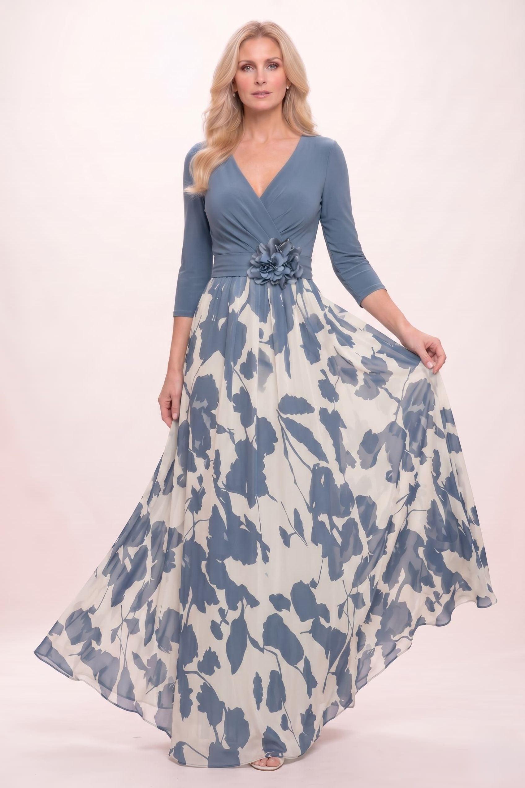A-Line Maxi Stretch Satin Printed Chiffon Mother of the Bride Dress CM0441